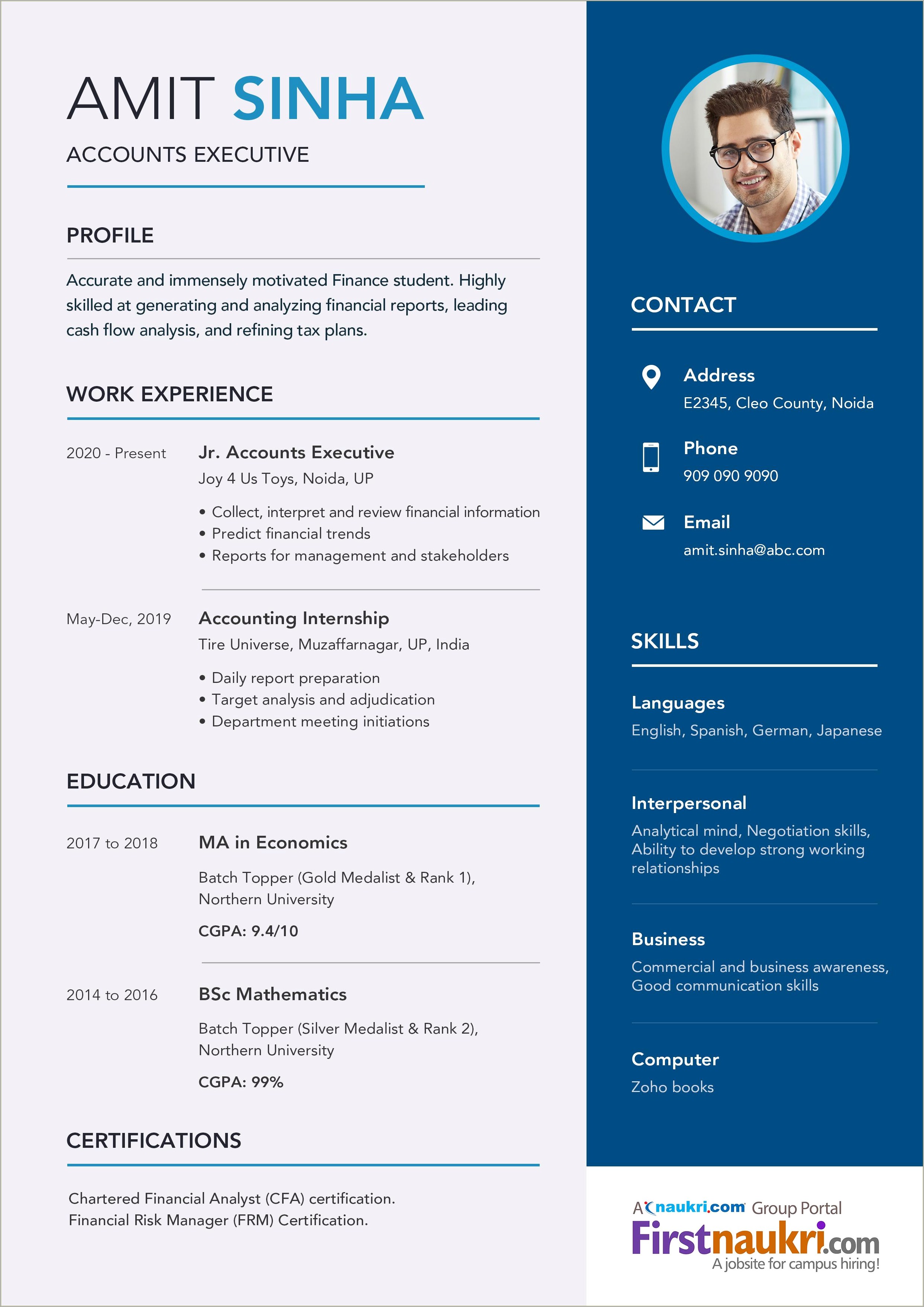 Template Of A Resume For A Financial Position