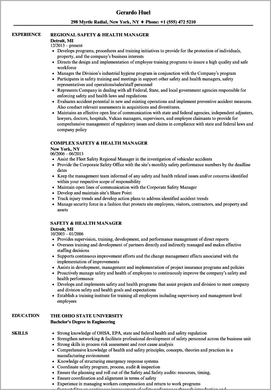 Template Of Resume For A Safety Manager