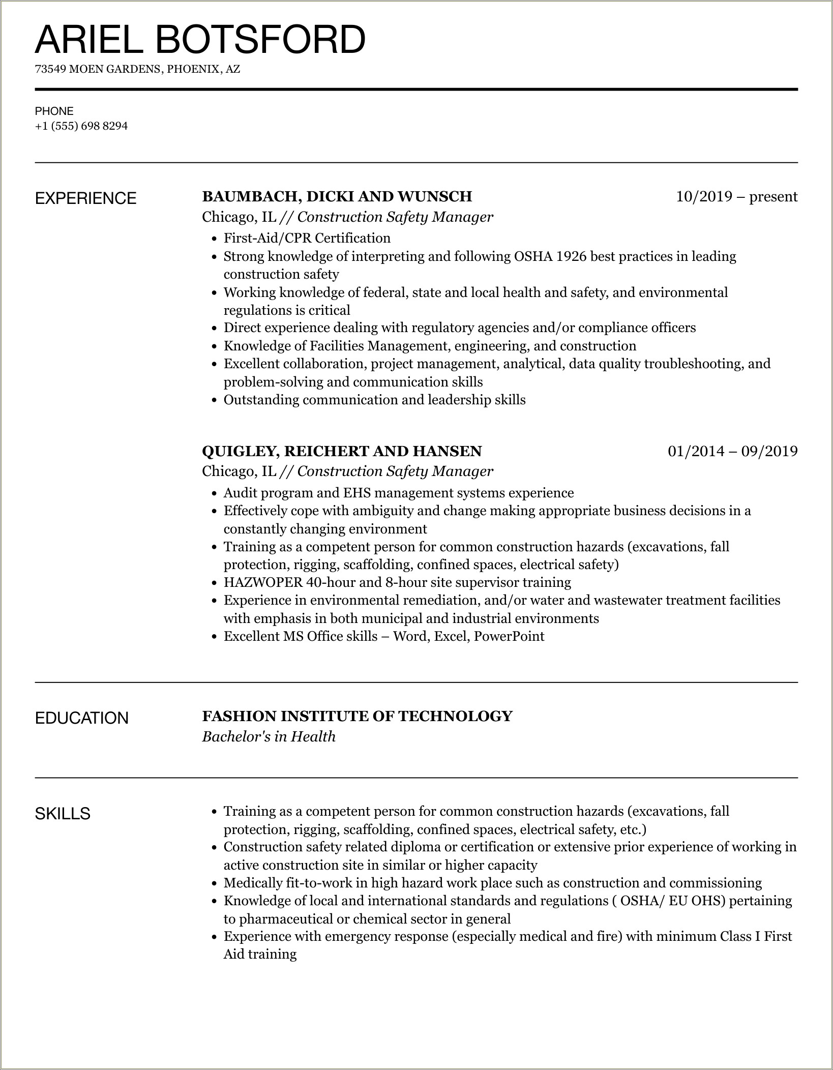 Template Of Resume In Safety Management