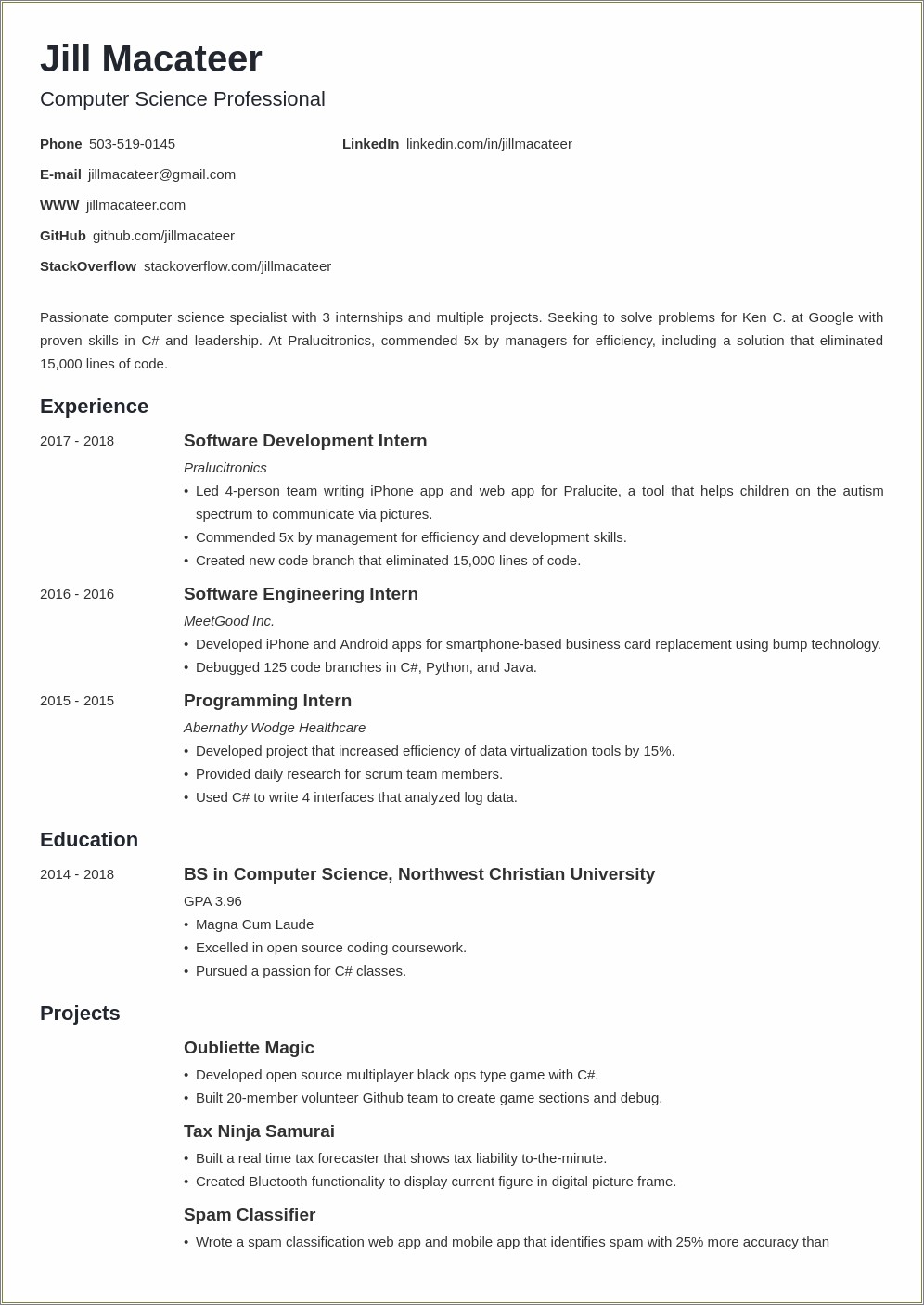 Template Profiles Computer Science Internship Resume