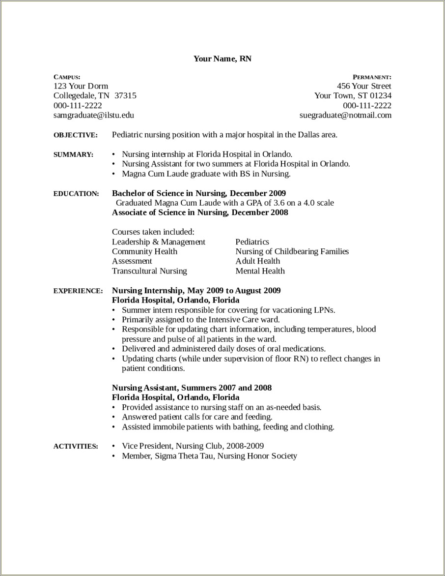 Template Resume For A Lead Nursing Position