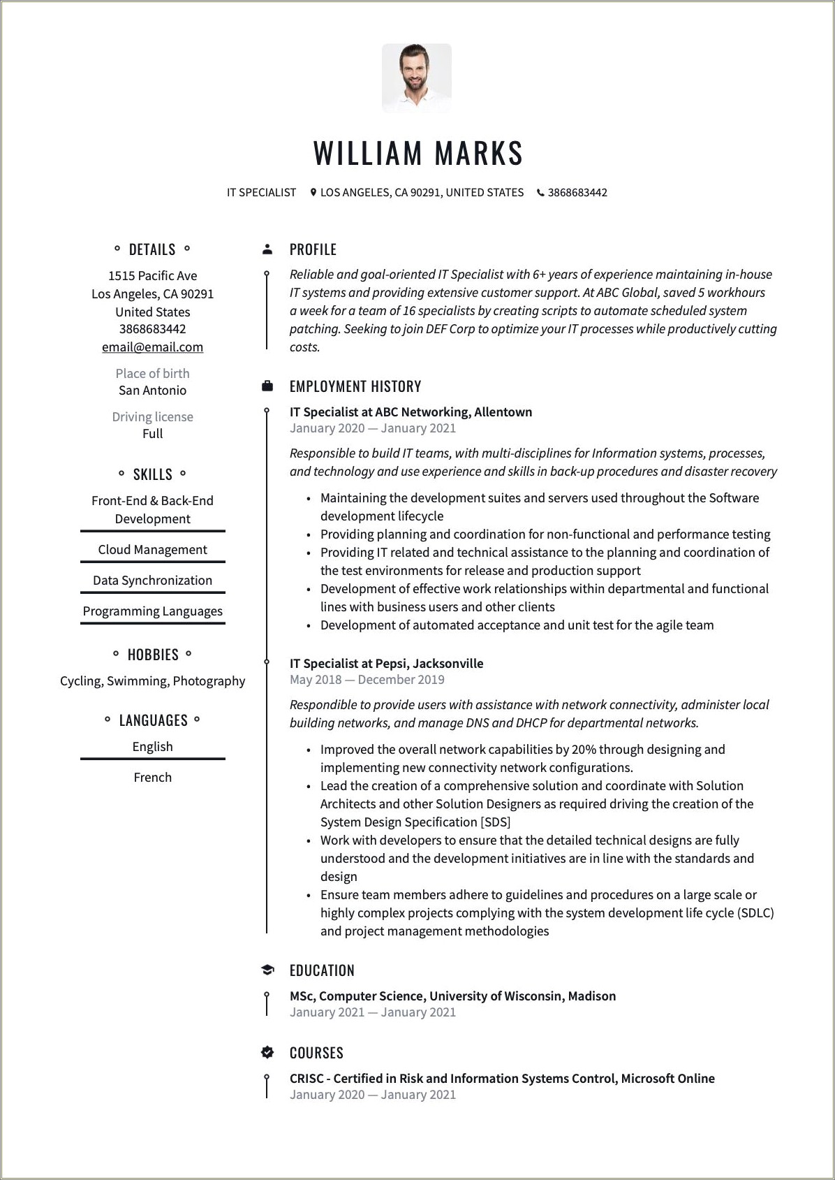 Template Resume For Management Information System Specialist