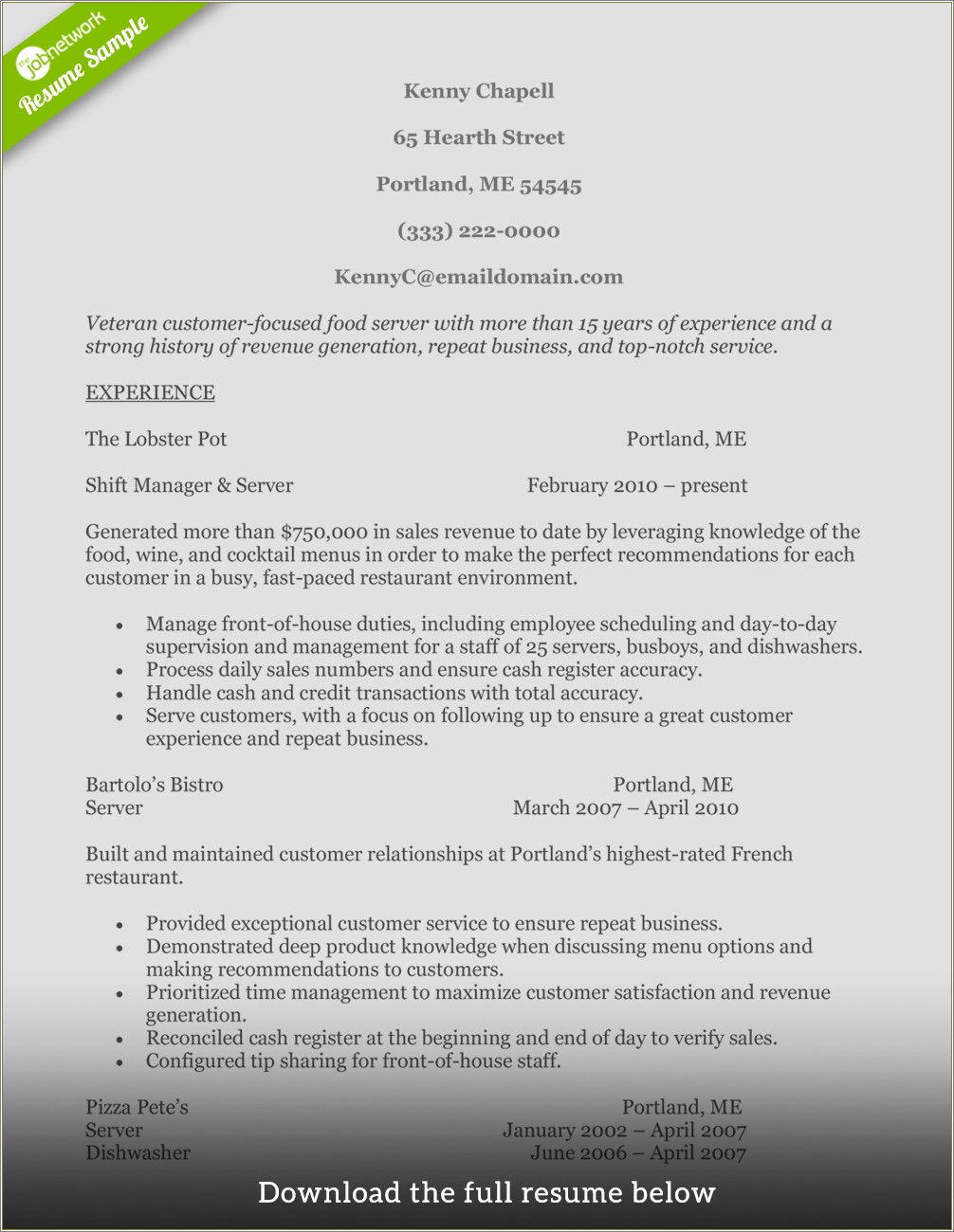 Template Resume To Work At Restrant