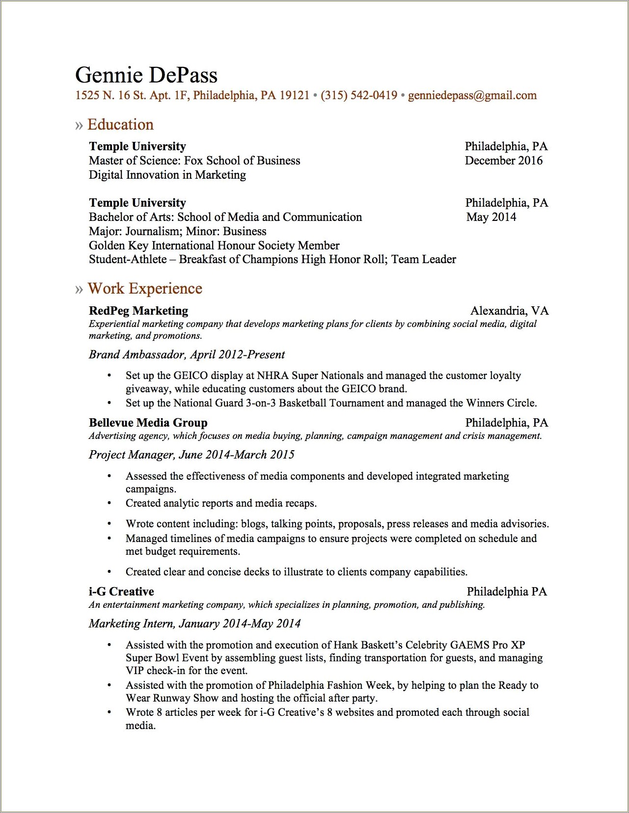 Temple University Career Center Resume Words