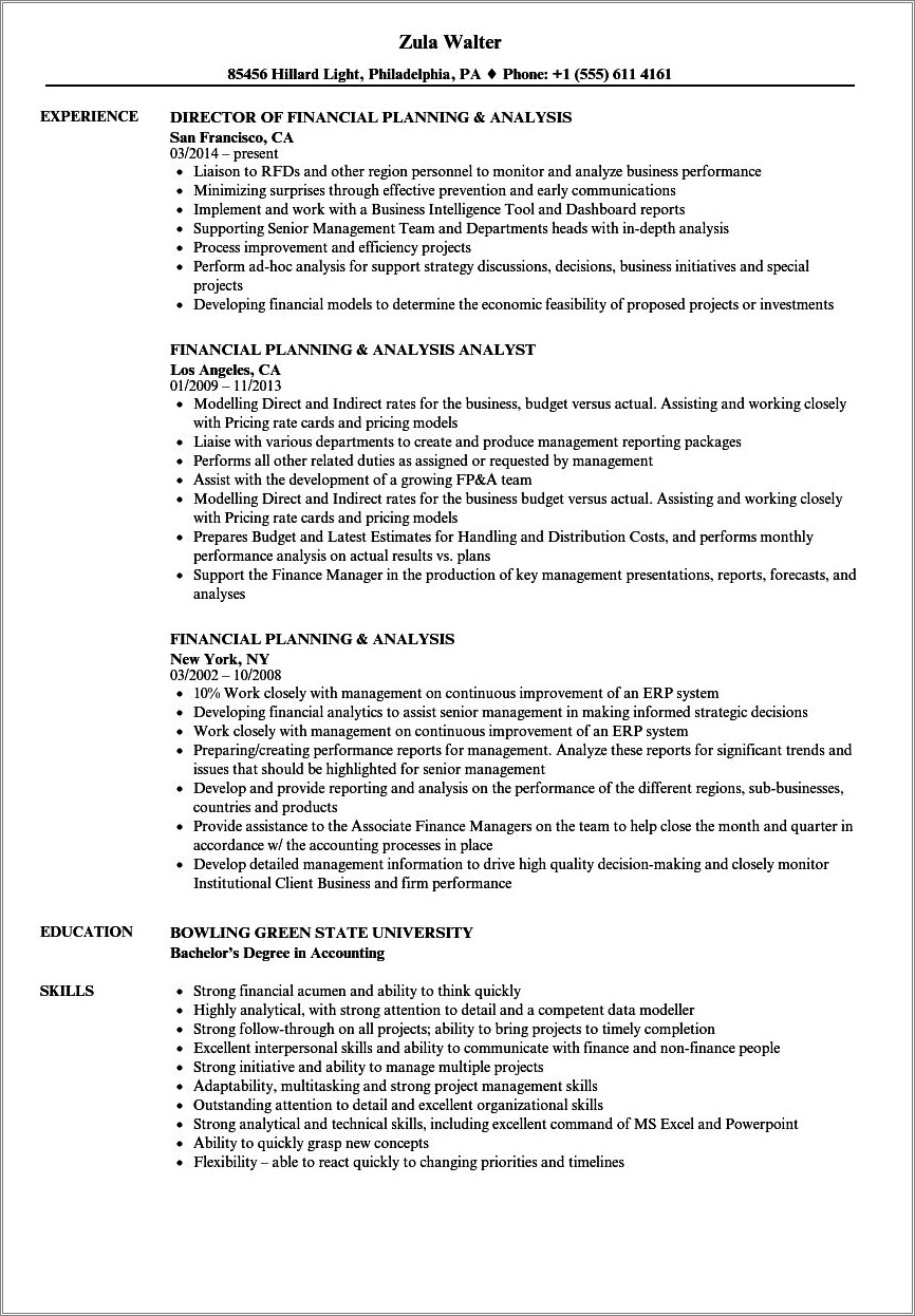 Temple University Financial Planning Resume Sample