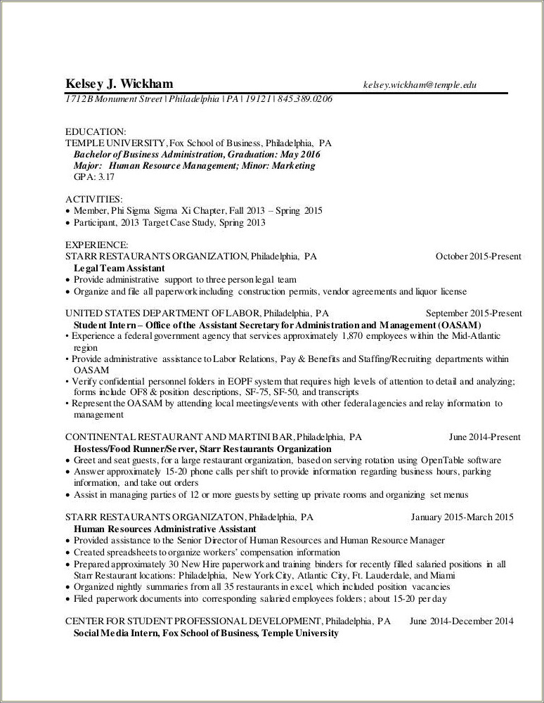 Temple University Fox School Of Business Resume