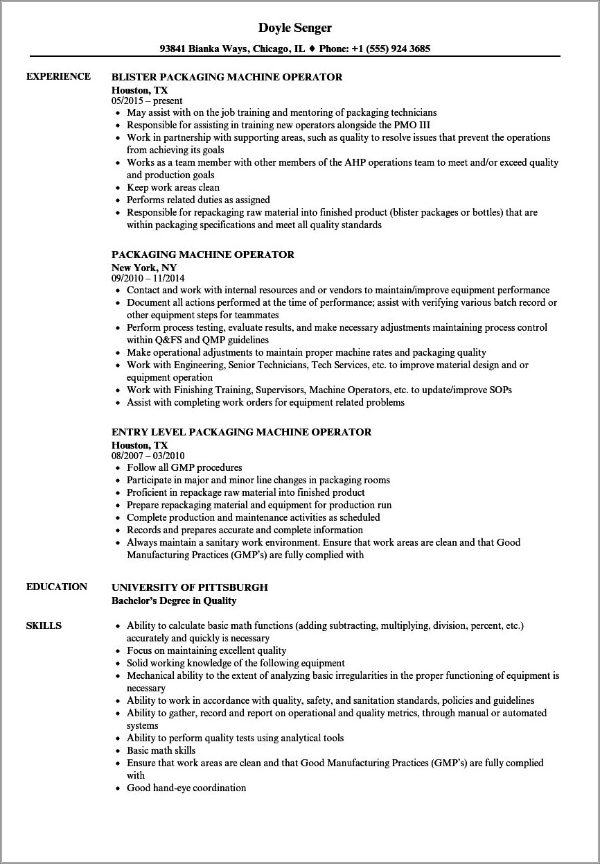 Terminal Operator Resume Sample For Entry Level