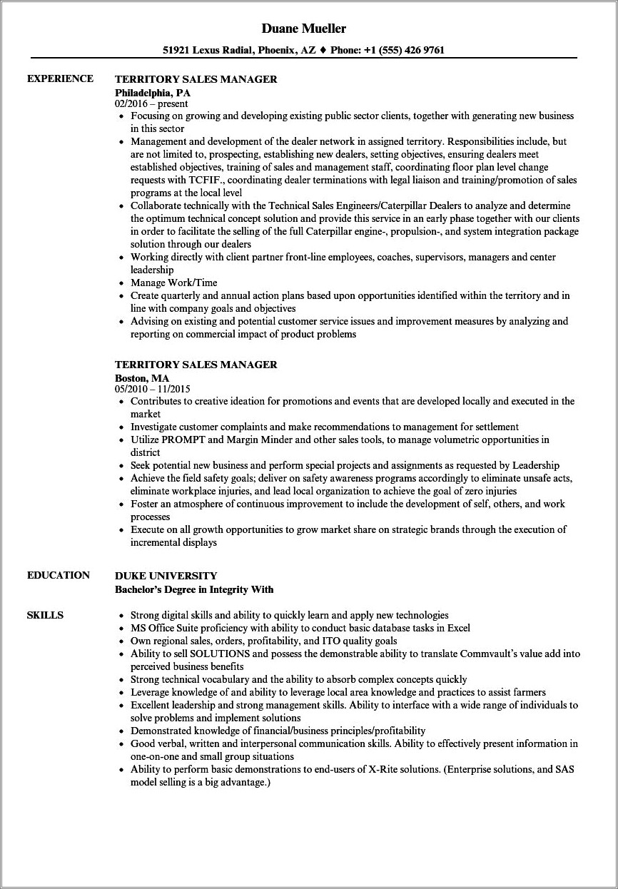 Territory Sales Manager Description For Resume