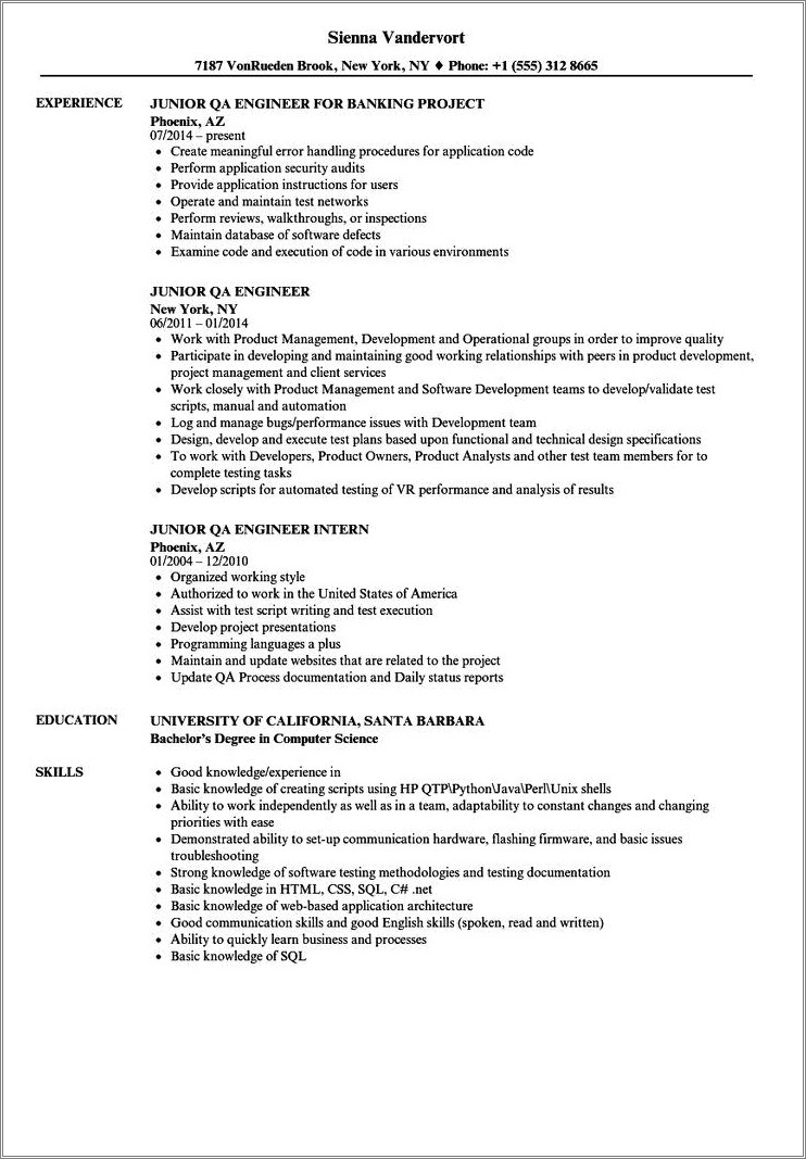 Test Engineer Job Description For Resume