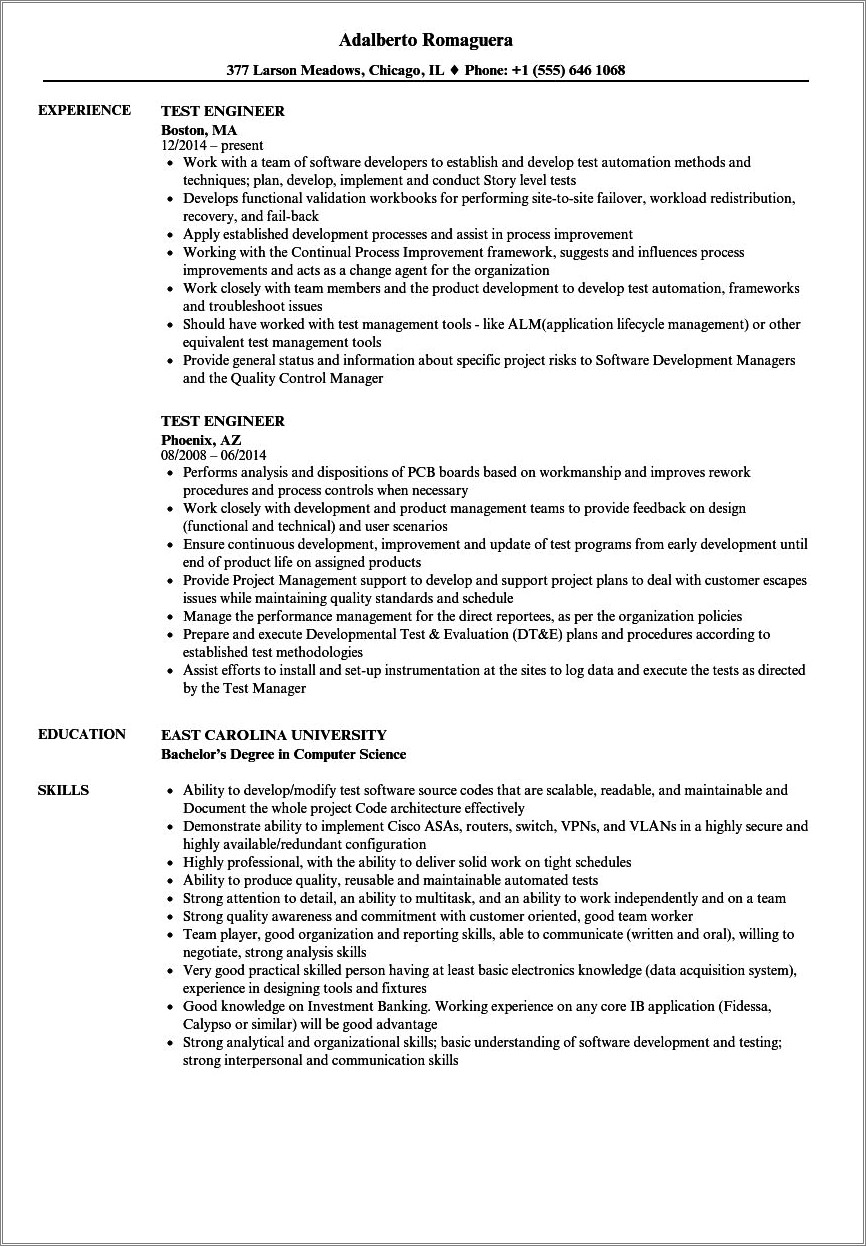 Test Engineer Resume For 1 Year Experience