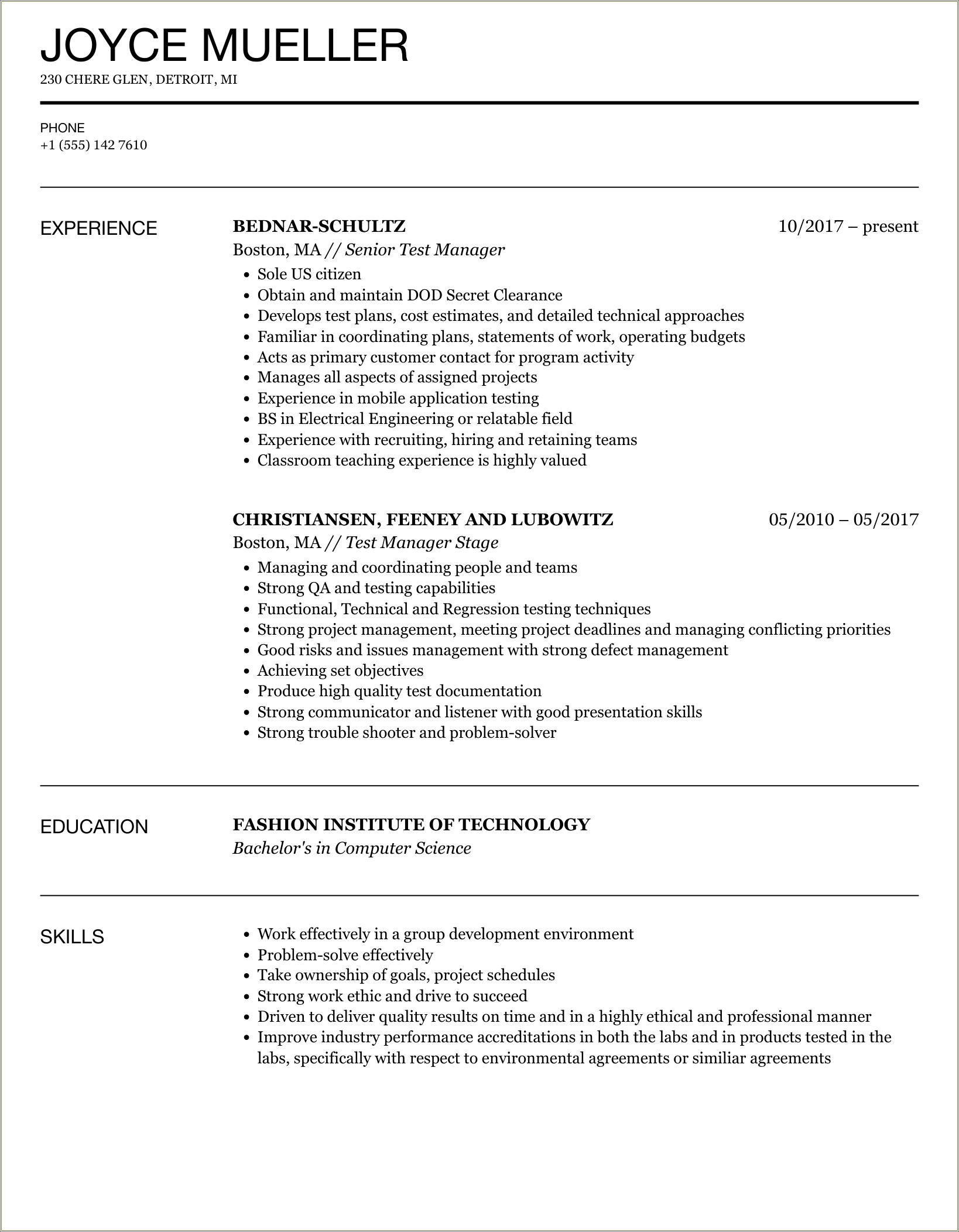 Test Manager Roles And Responsibilities Resume