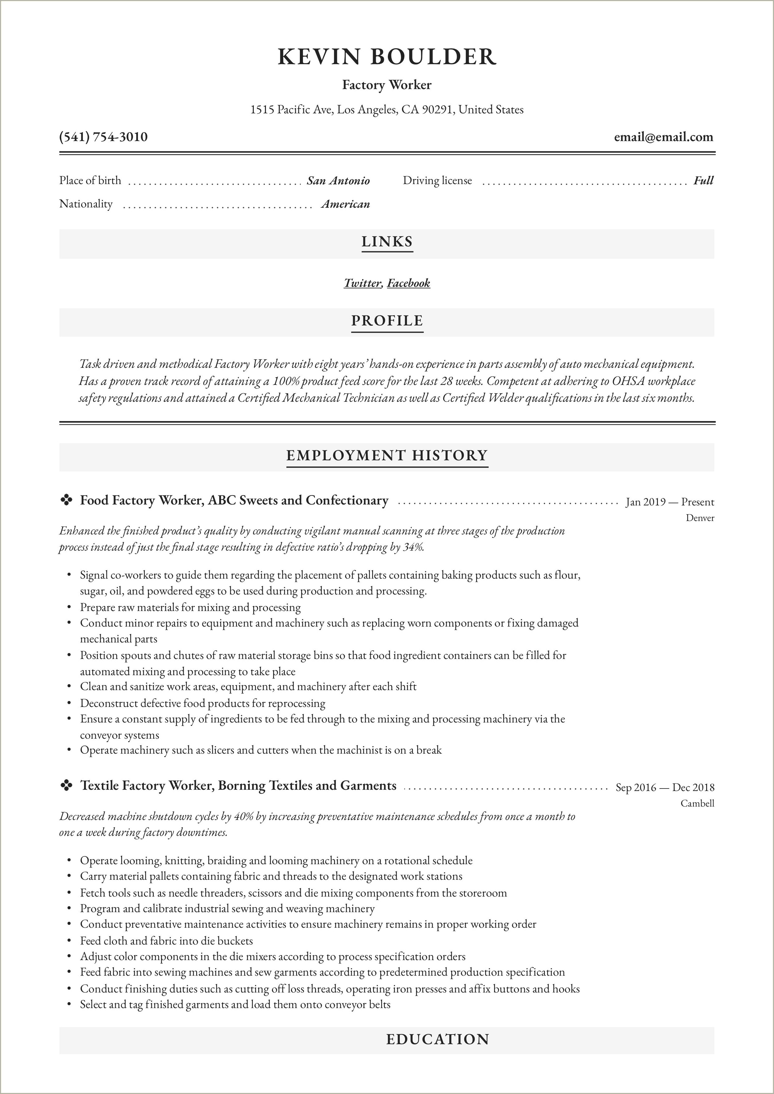 Text Resume For A Factory Worker