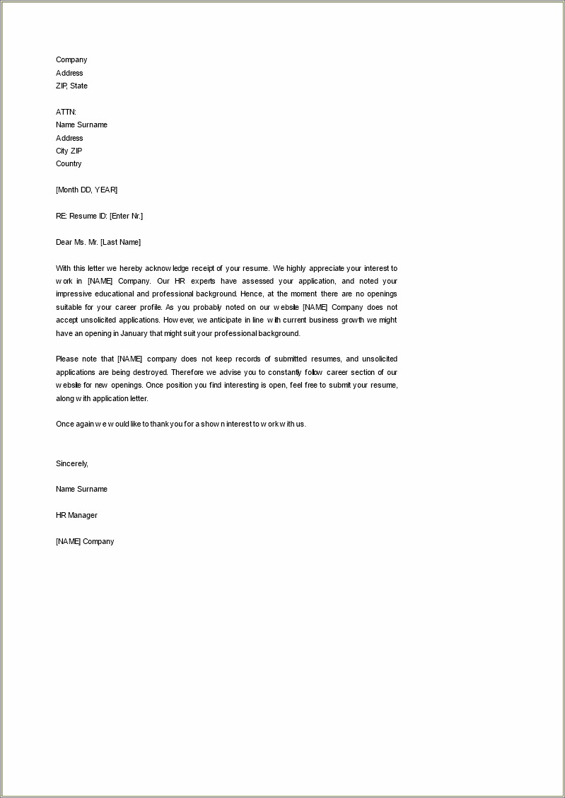 Thank You Letter For Resume Received