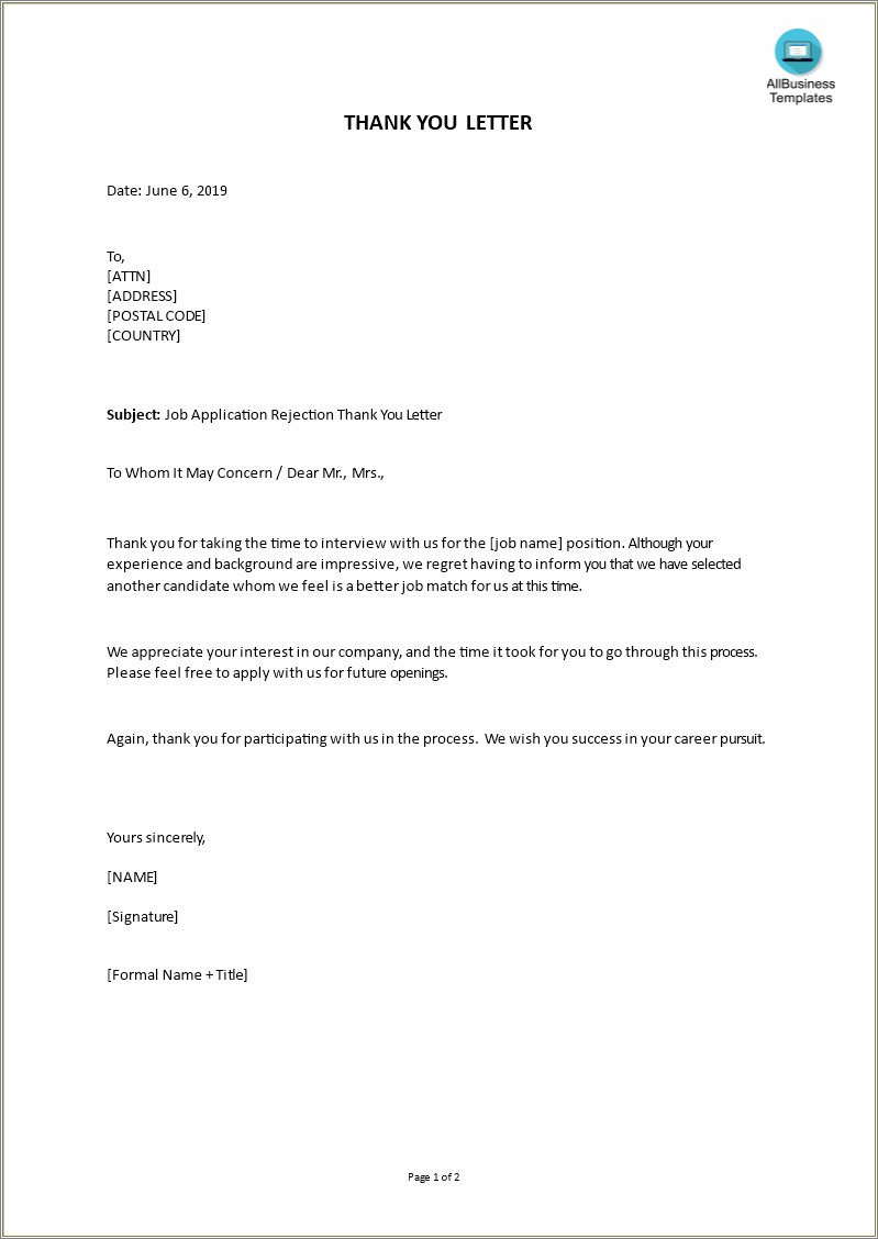 Thank You Letter For Resume Rejection