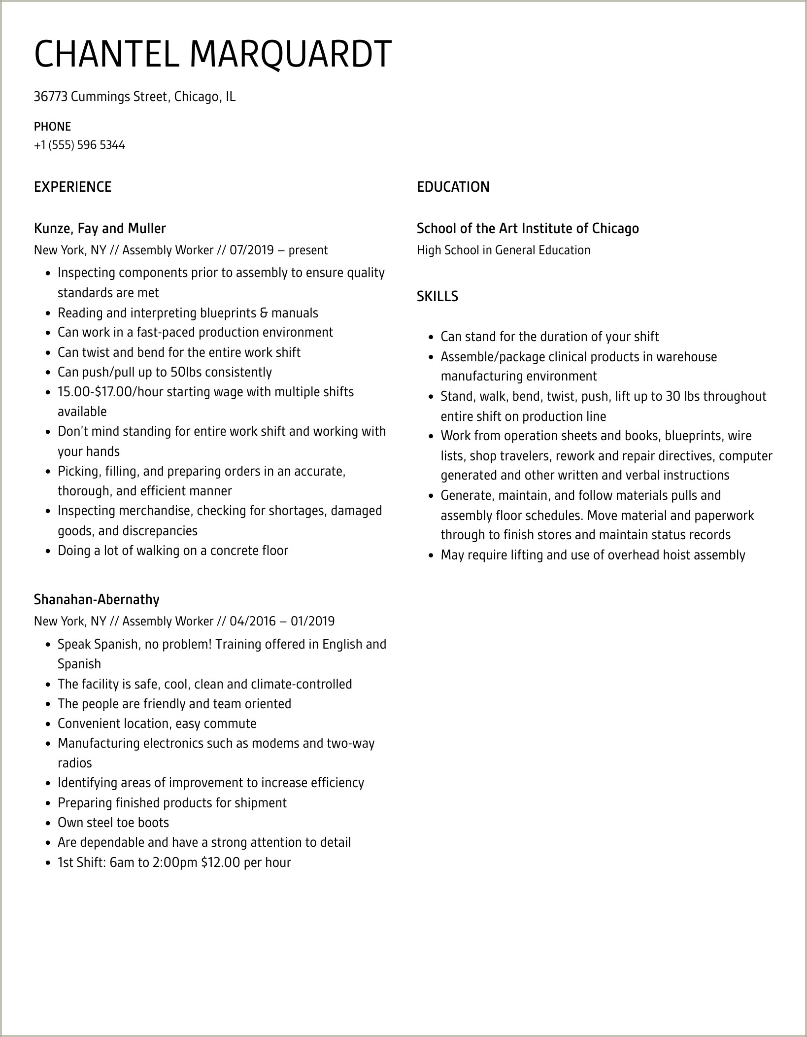 The Best Assembly Line Worker Resume Samples