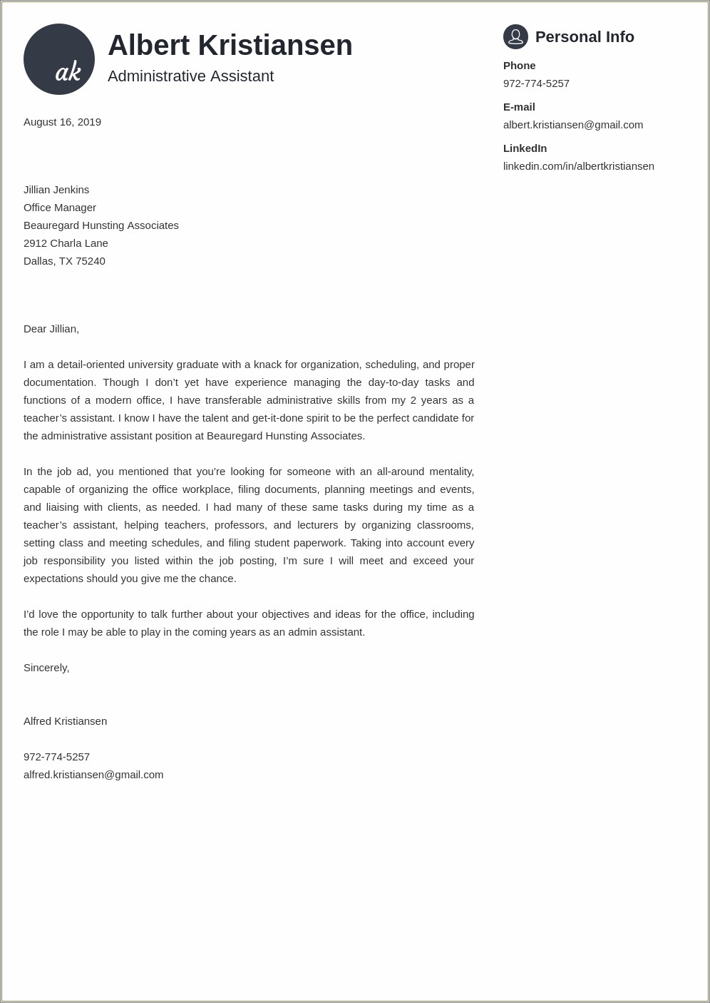 The Best Cover Letter For Administrative Assistant Resume