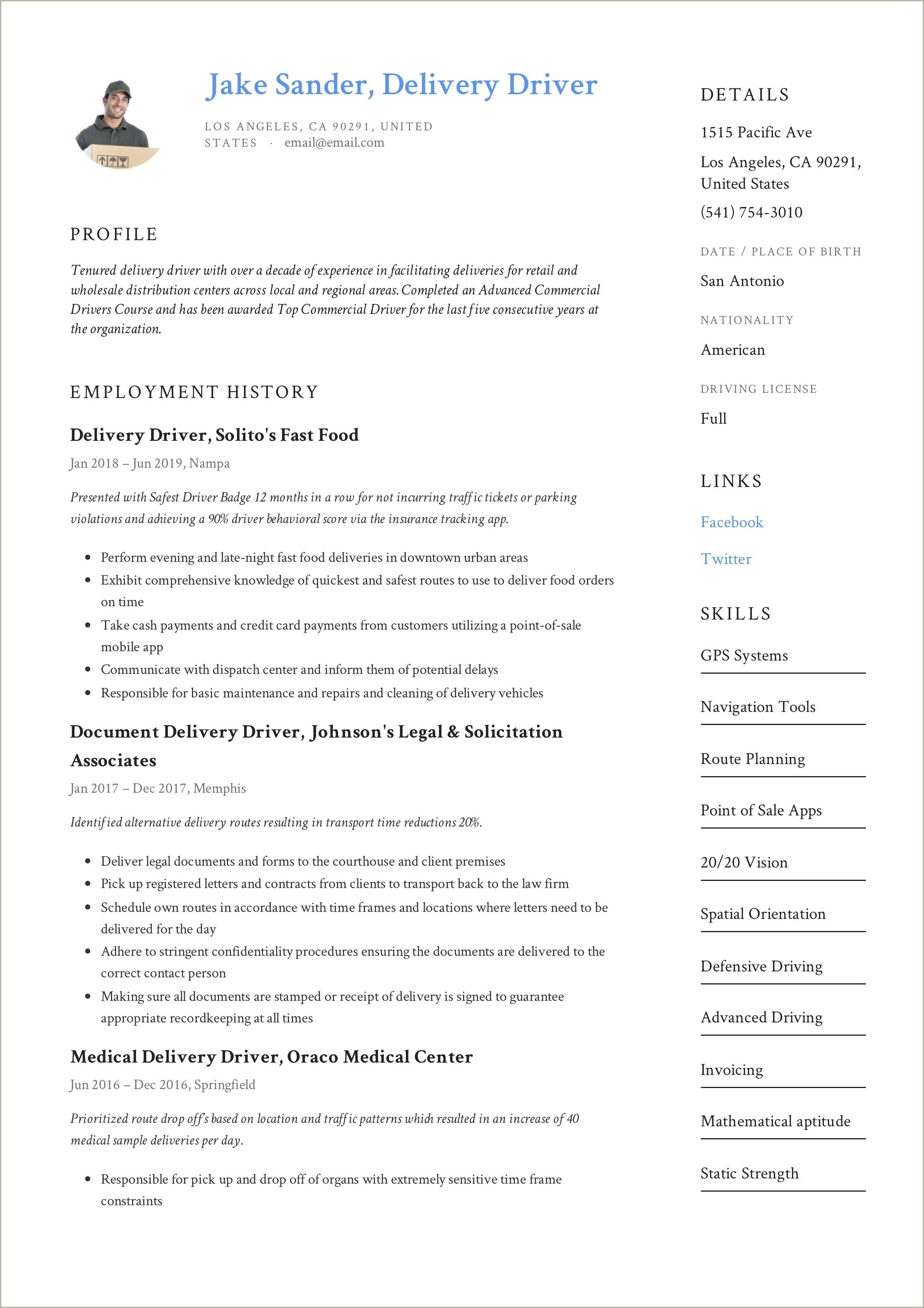 The Best Delivery Driver Resume Sample