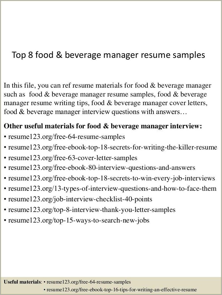 The Best Hotel Food And Beverage Manager Resumes