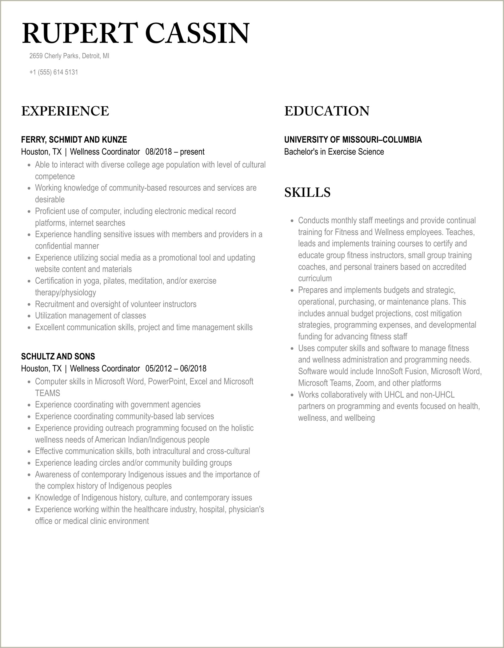 The Joint Wellness Coordinator Resume Example