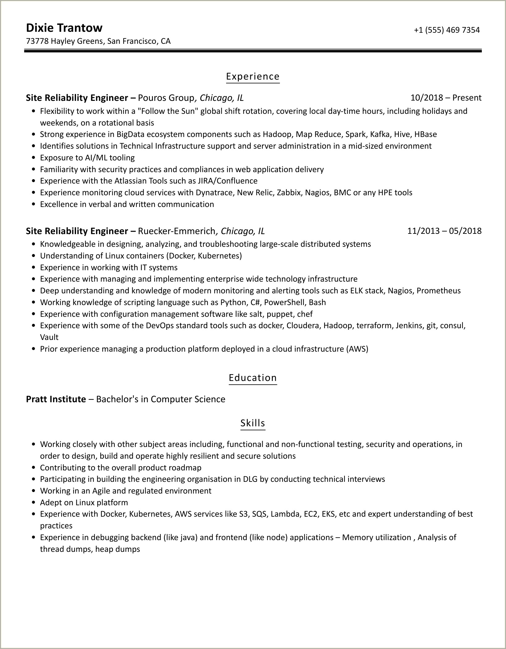 The Site Reliability Engineer Sample Resume