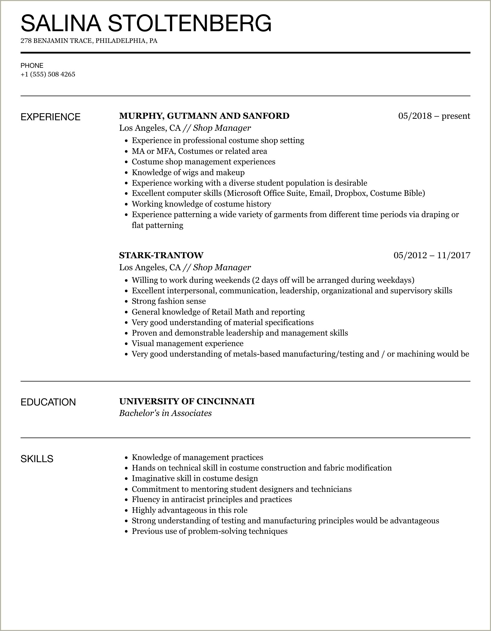 Theater Costume Shop Manager Resume Example