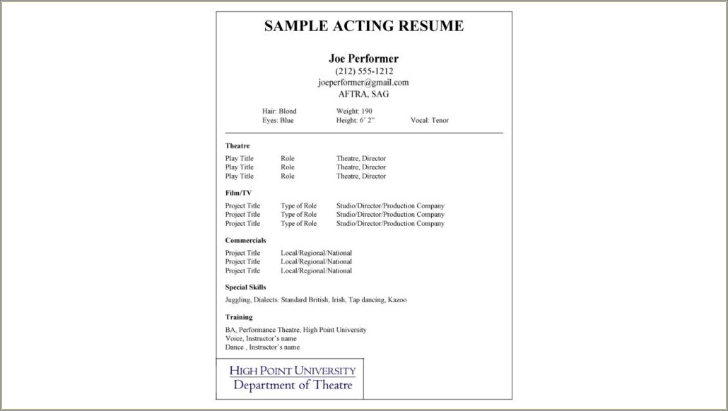 Theatre Class In High School Acting Resume