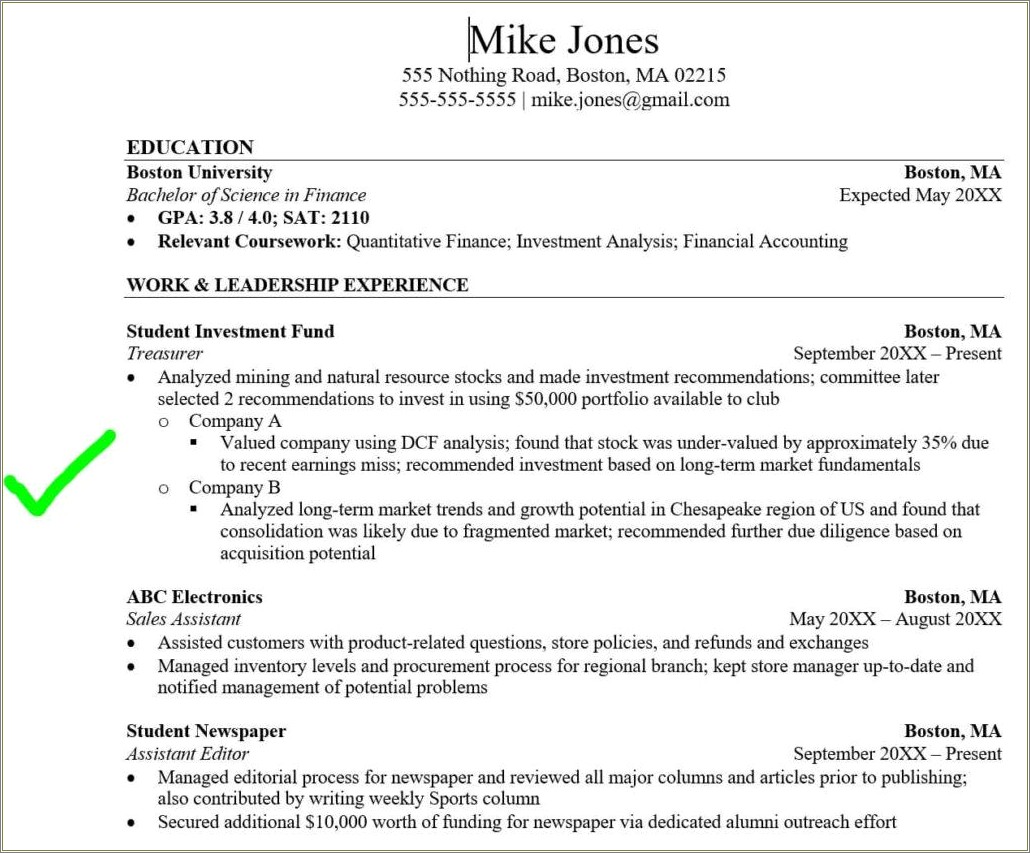 Things For Finance Student To Put On Resume