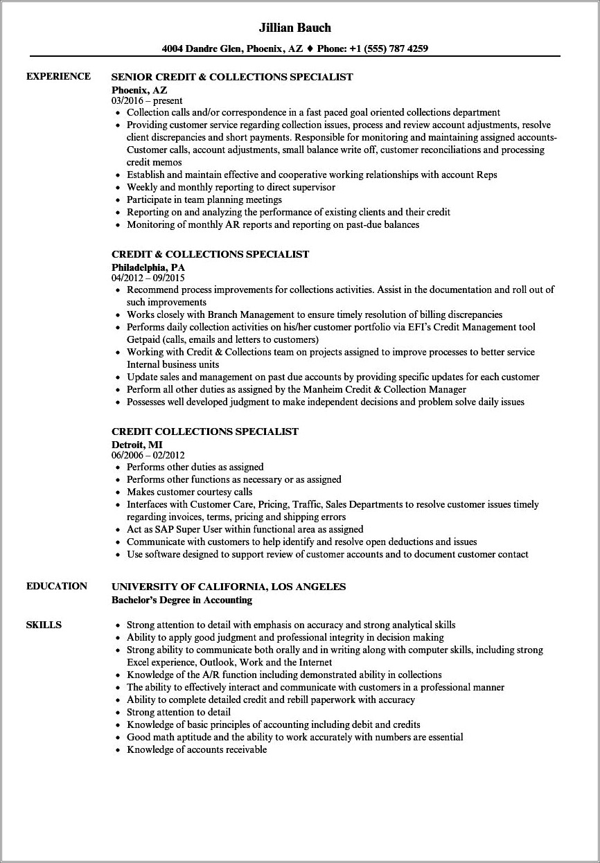 Things To Put For Collections Experience On Resume