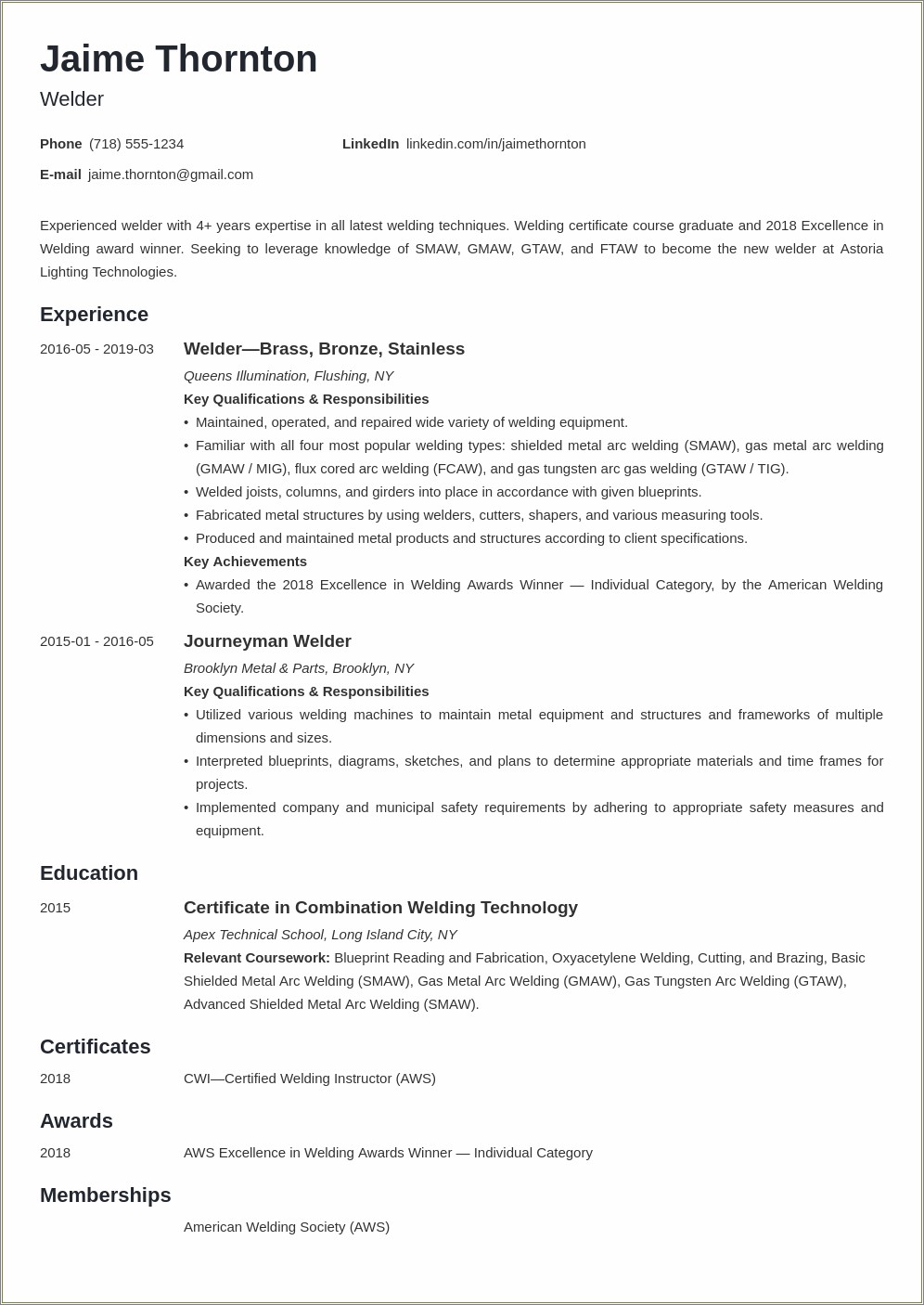 Tig Welder Job Description For Resume