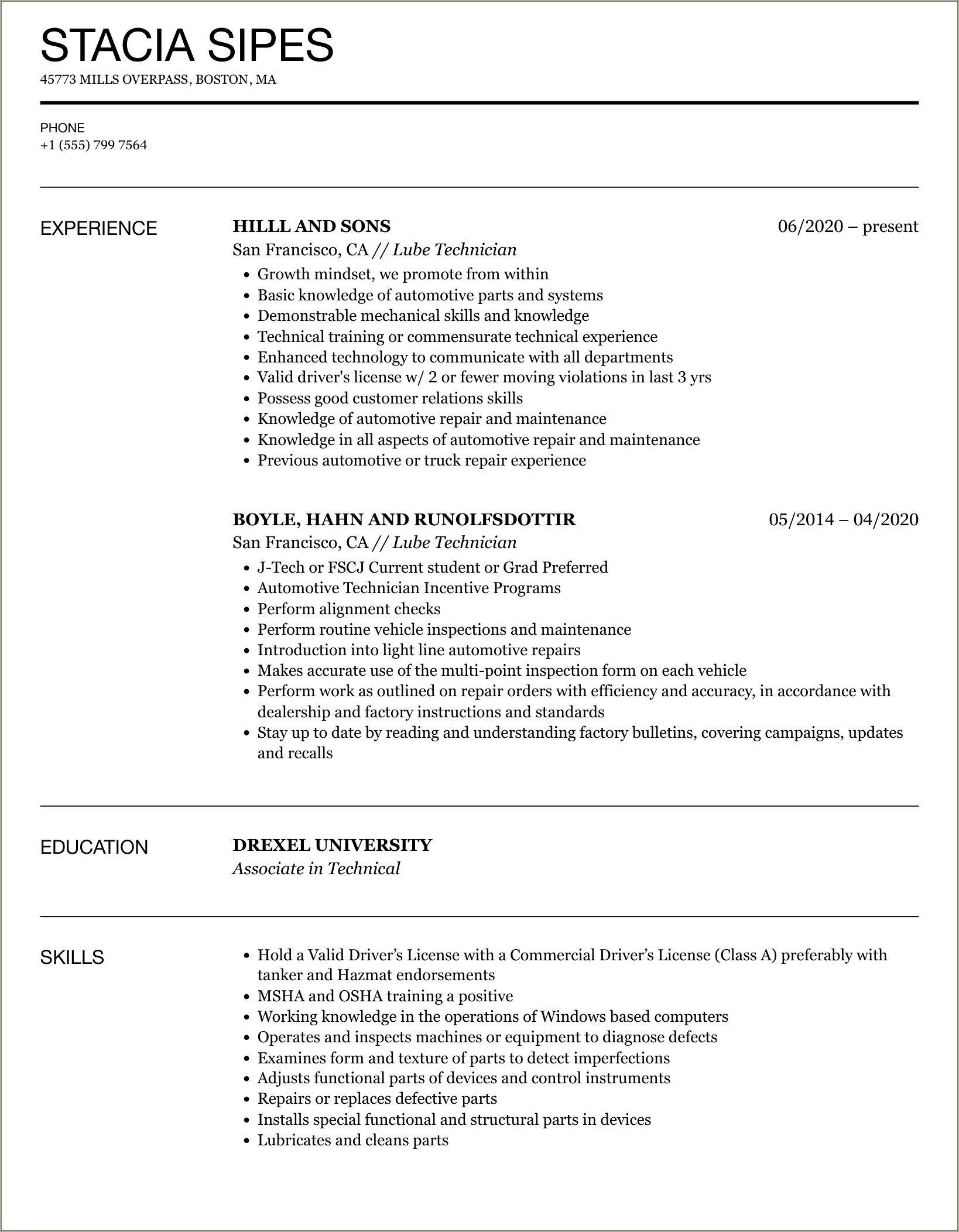 Tire And Lube Technician Job Description For Resume