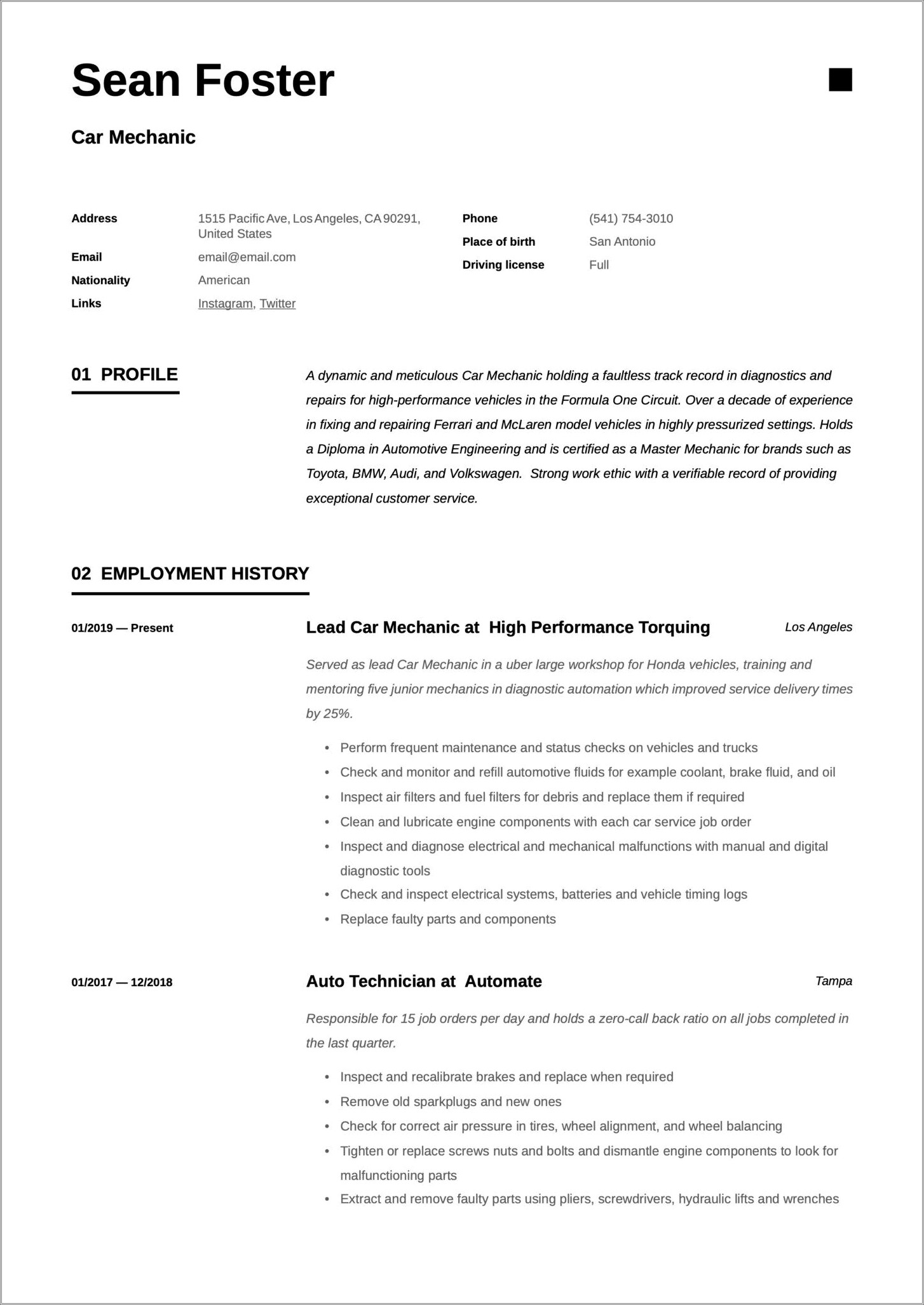 Tire Technician Job Description For Resume