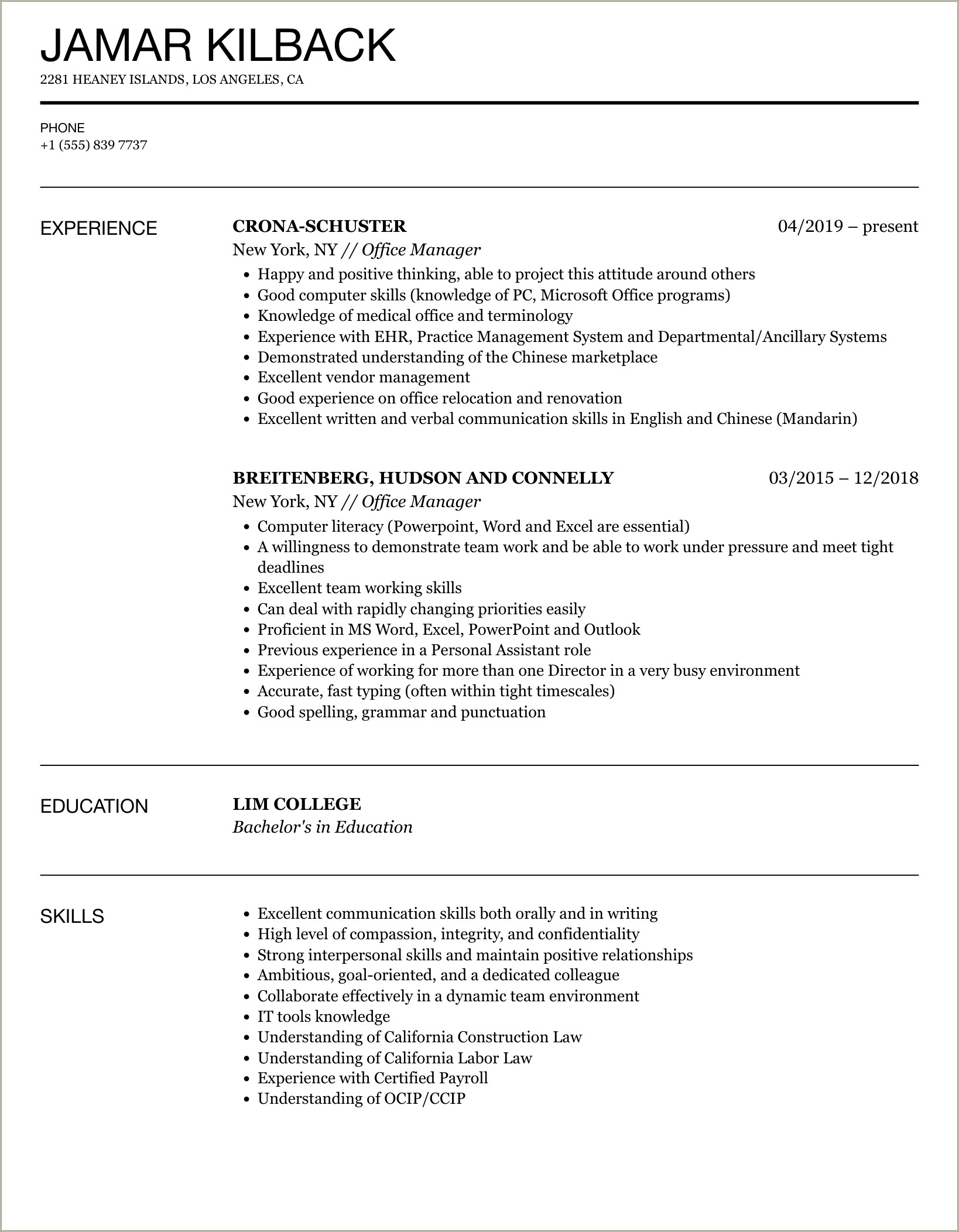 Title Office Office Manager Resume Samples