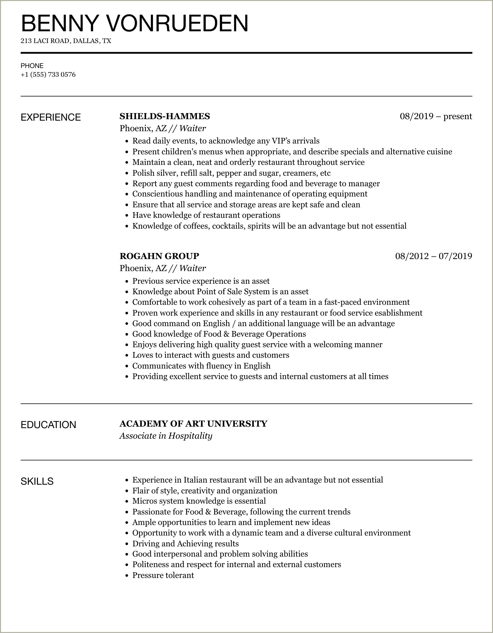 Top 10 Best Resume Templates For Restaurant Waitress