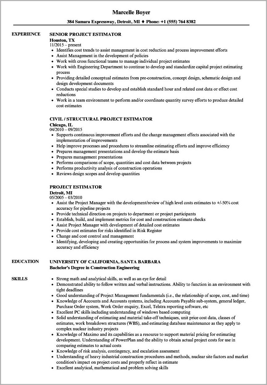 Top Ten Project Estimator Resume Summary