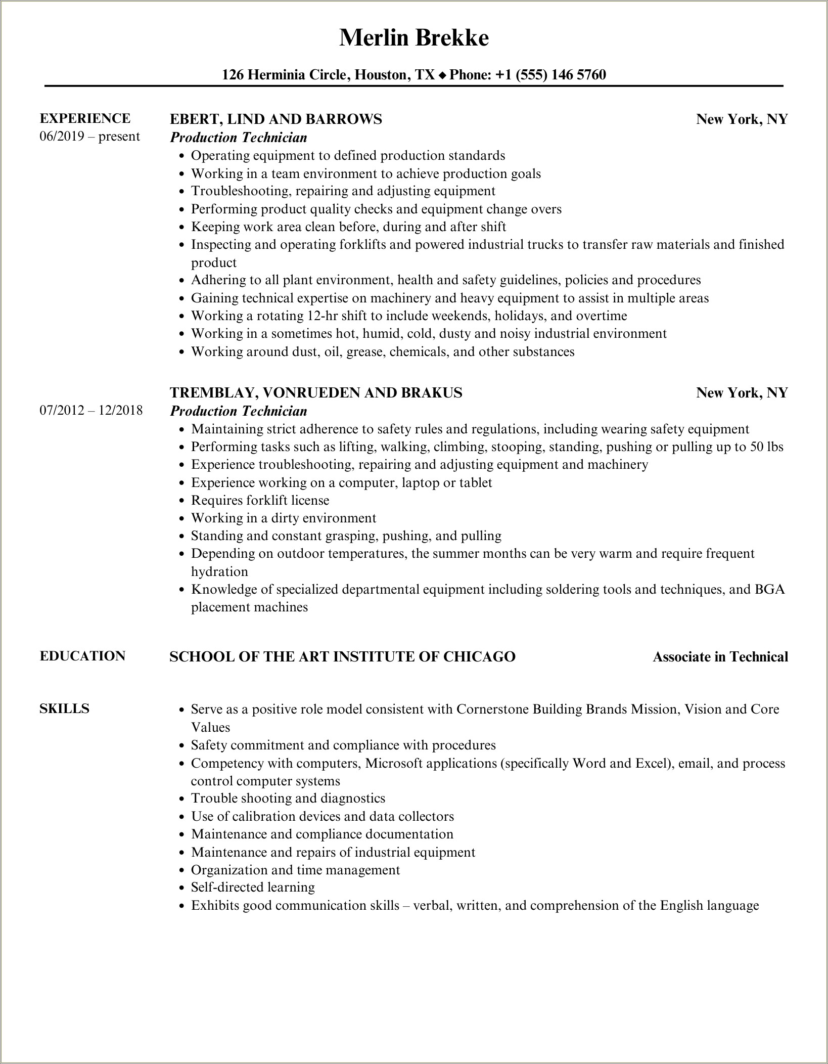 Tour Stage Production Technician Job Resume