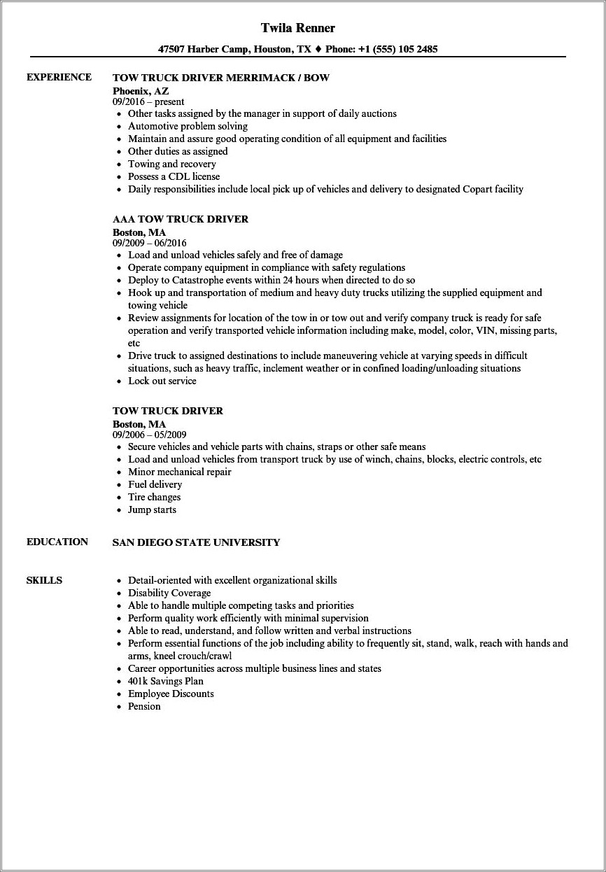 Tow Dispatcher Job Duties For Resume