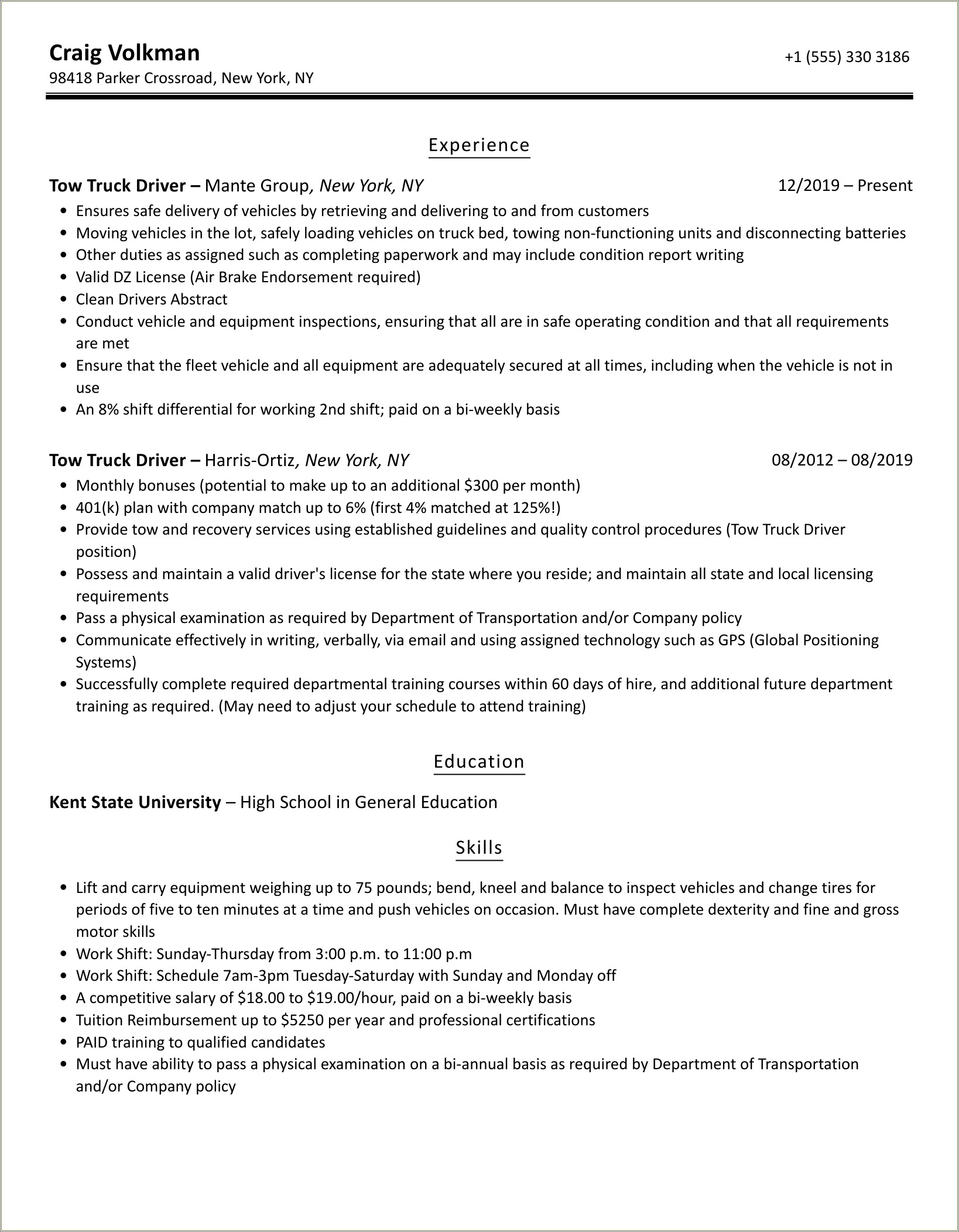 Tow Truck Operator Skills For Resume