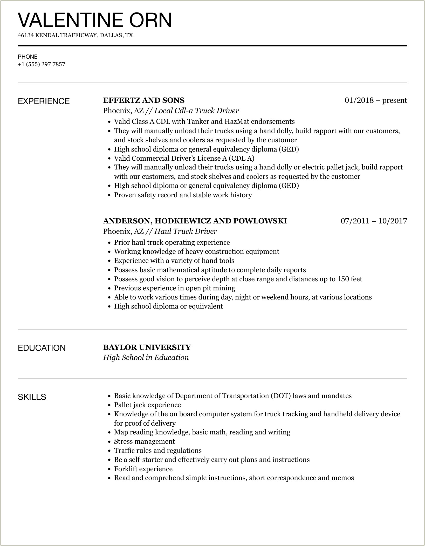 Tractor Trailer Truck Driver Resume Sample