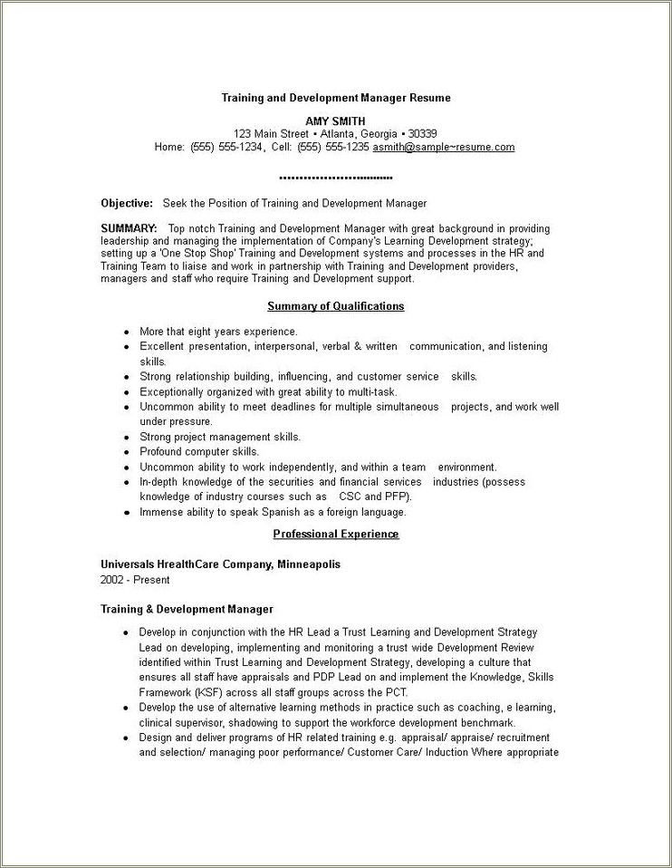 Training And Development Manager Resume Summary