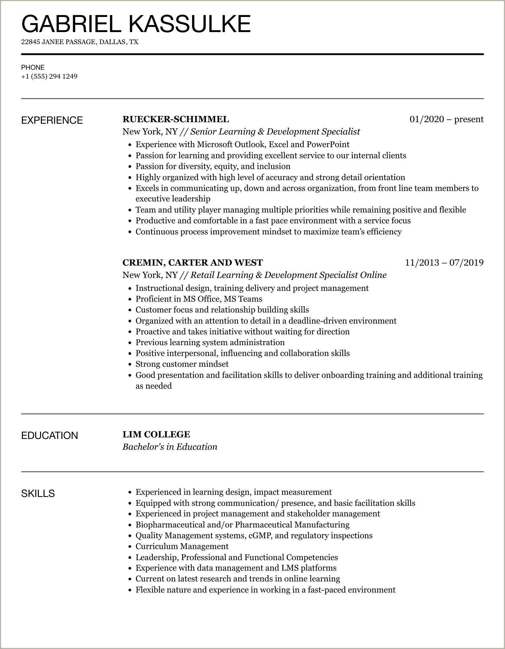 Training And Development Specialist Resume Examples