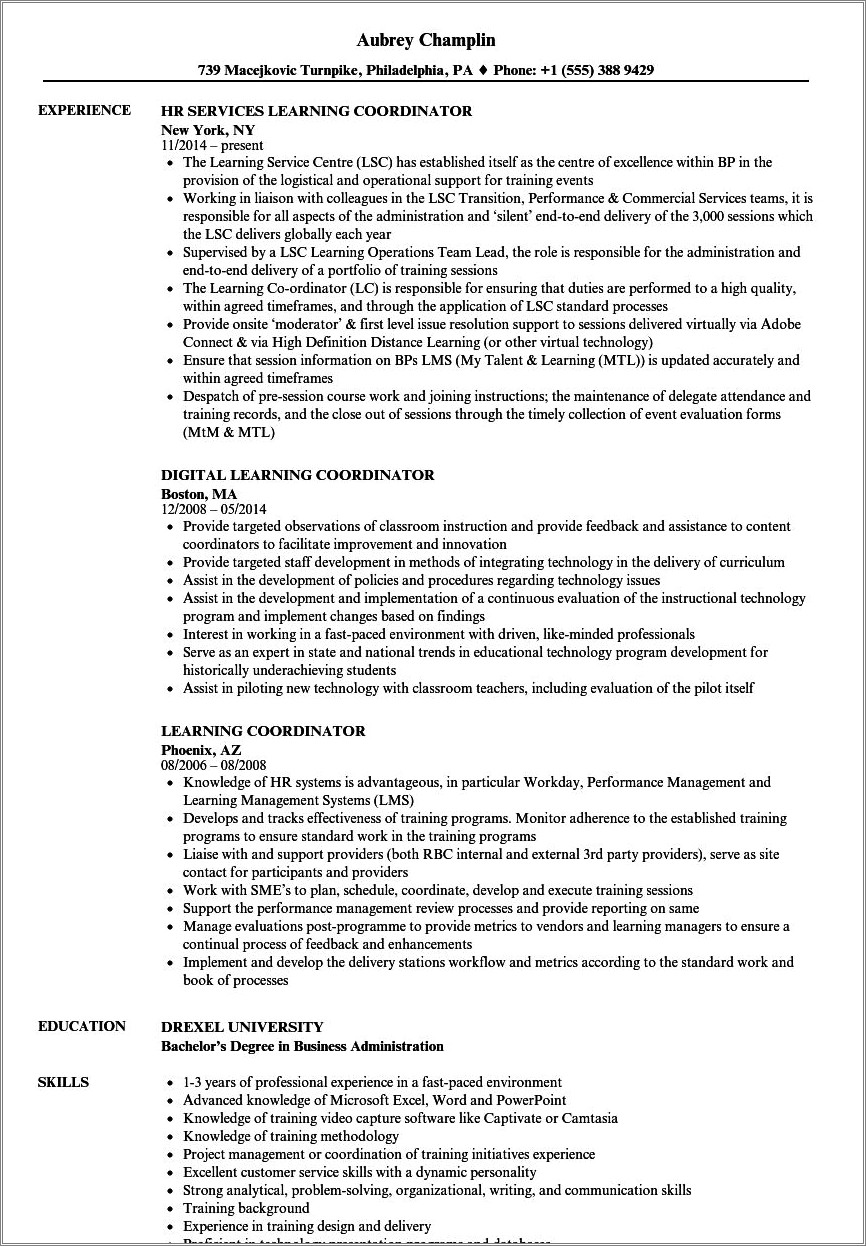 Training Coordinator Job Description For Resume