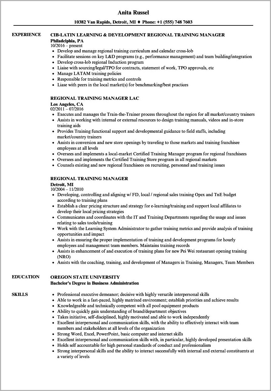 Training Manager And Development Manager Resume Sample