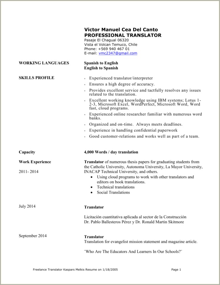 Translating Freelance It Work To Experience Resume