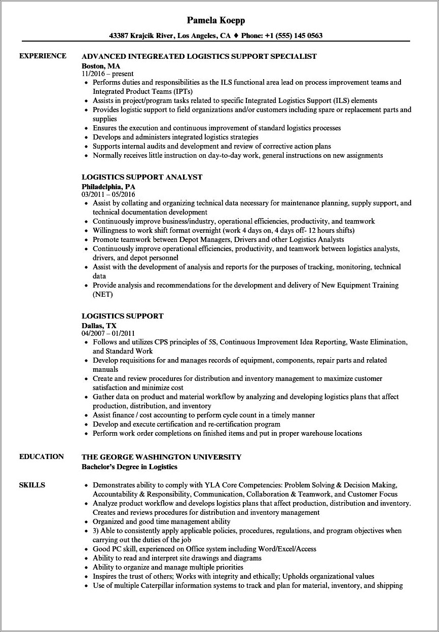 Transportation Logistics Los Angeles Furniture Experience Education Resume