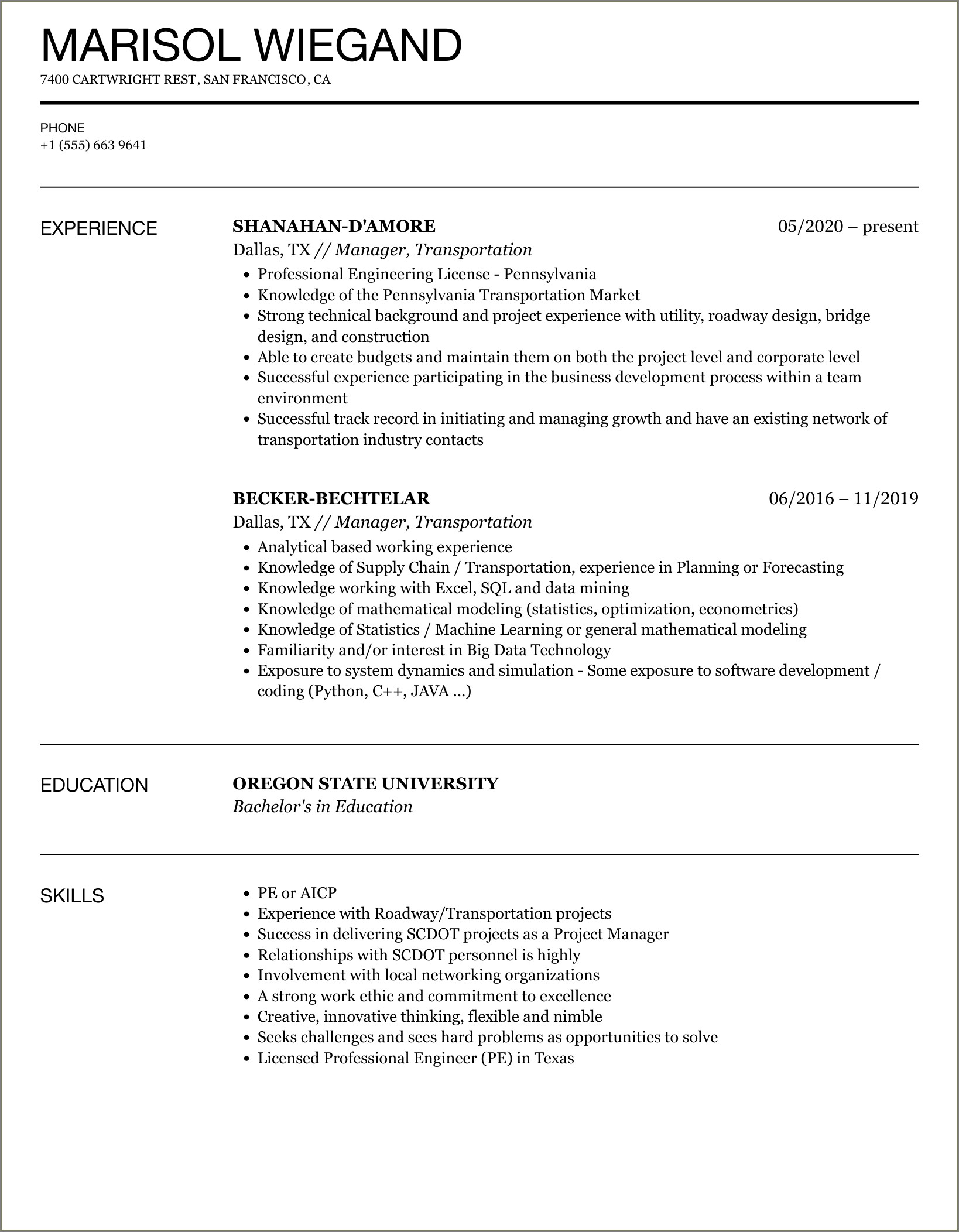 Transportation Manager Los Angeles Furniture Experience Education Resume