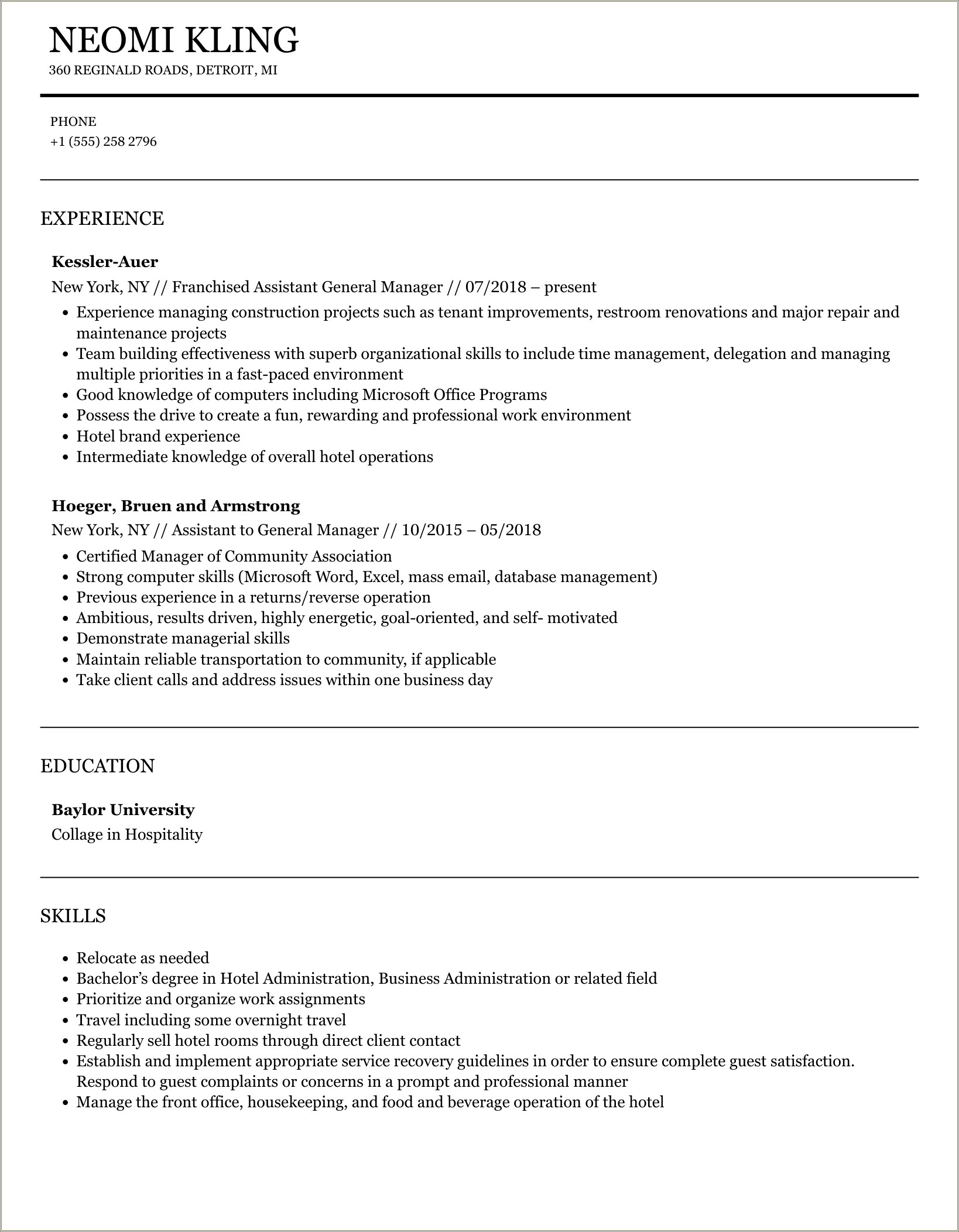 Travel Agency General Manager Sample Resume