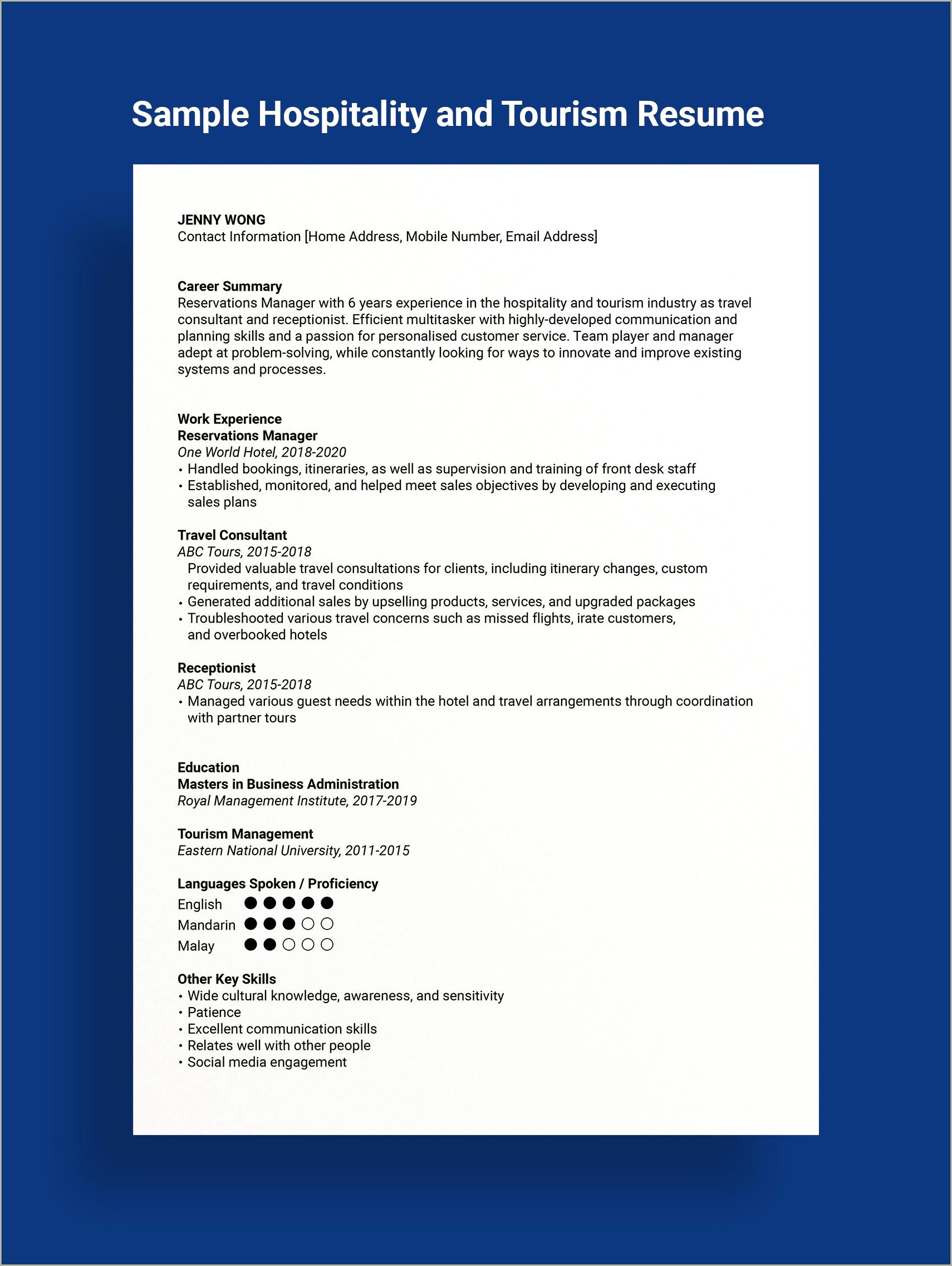 Travel And Tourism Marketing Manager Resume