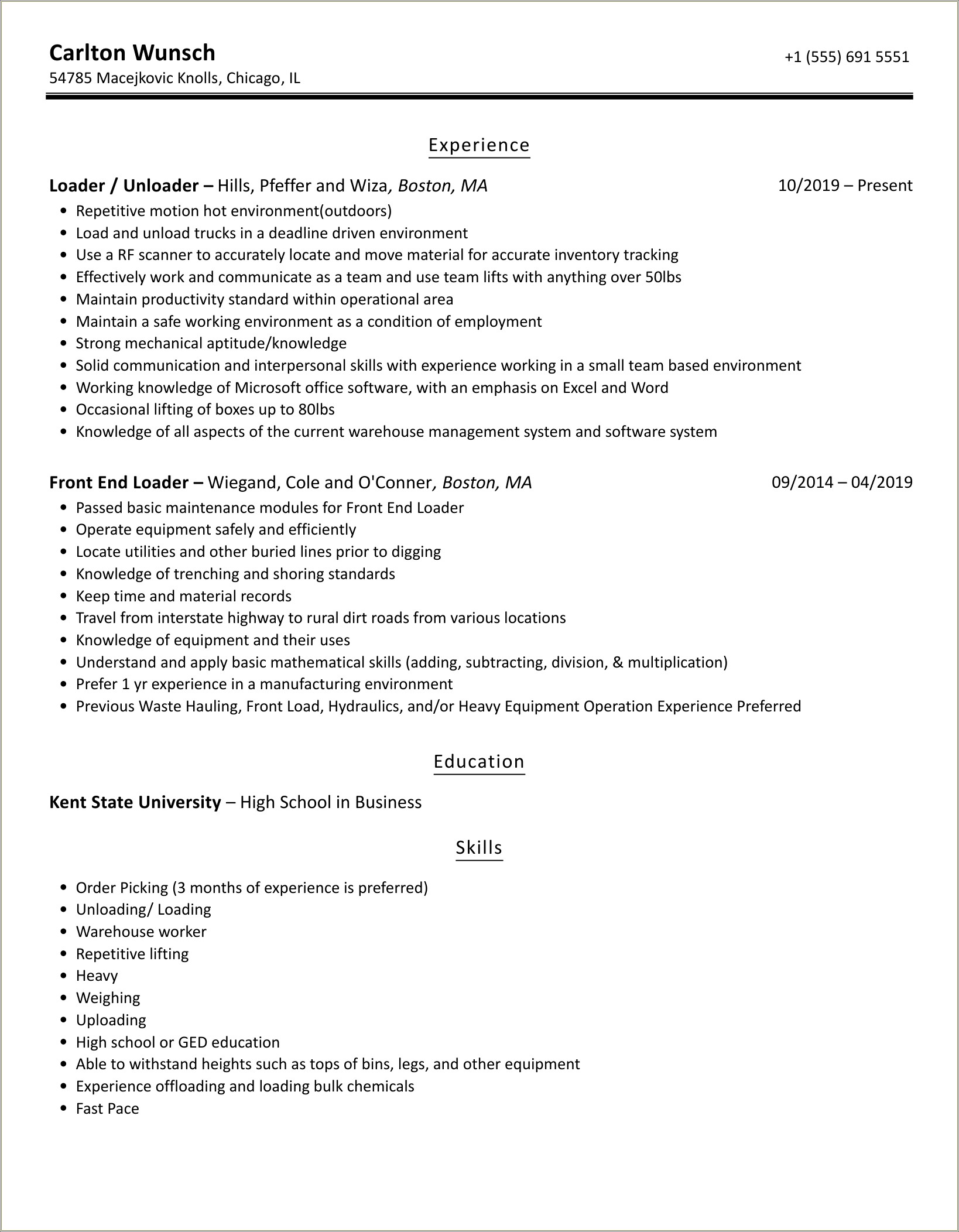 Truck Loader Job Description For Resume