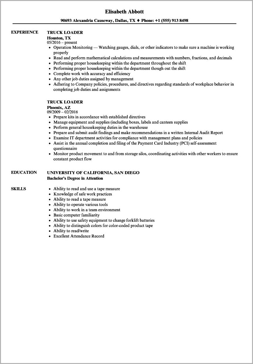 Truck Loader Job Duties For Resume