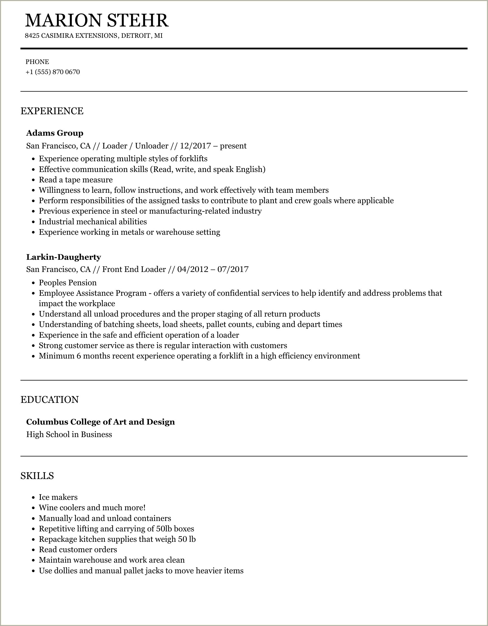 Truck Unloader Job Description For Resume